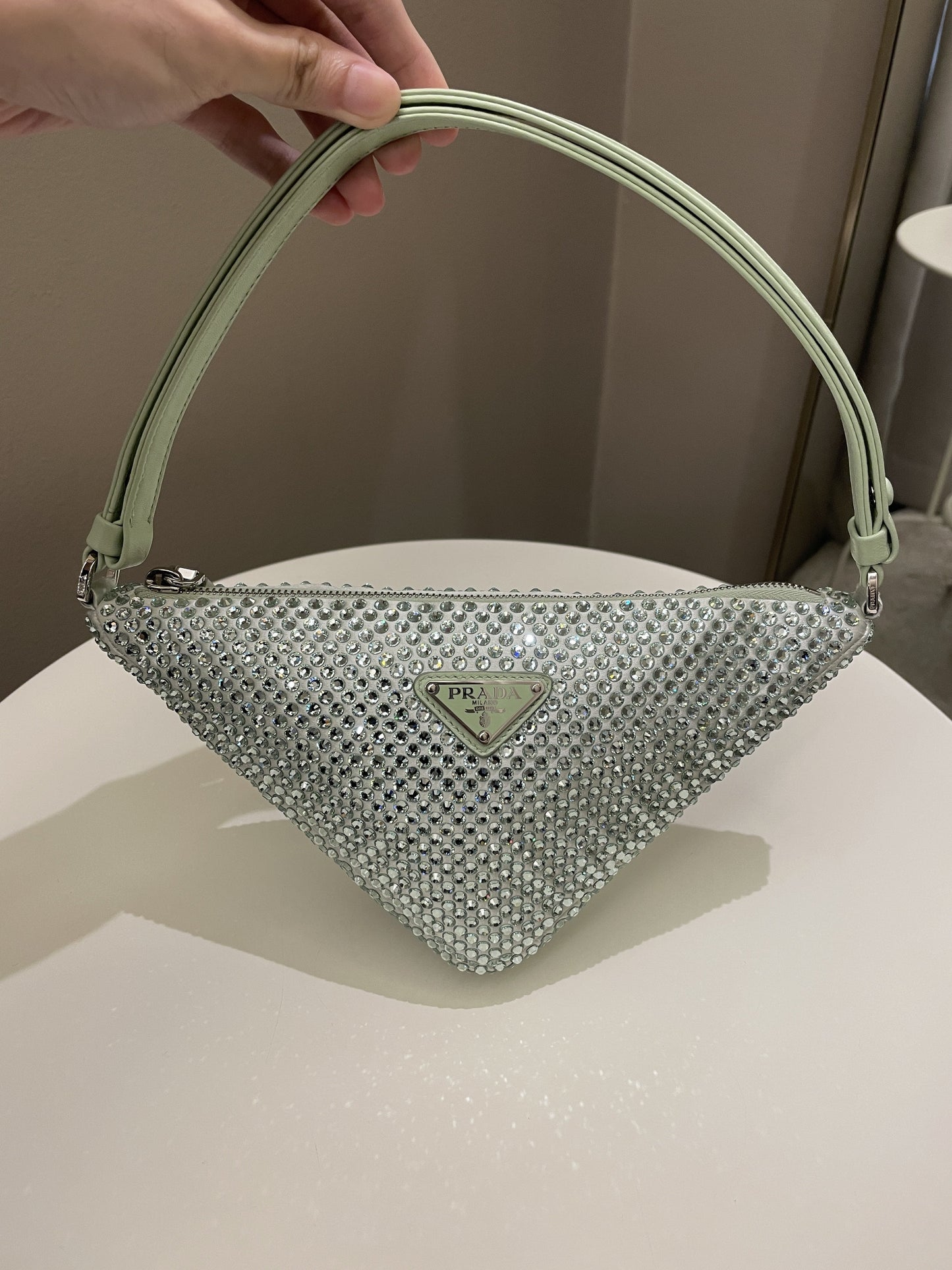 Prada Triangular Crystal Auqa Luxury Handbag Green Travel Bag