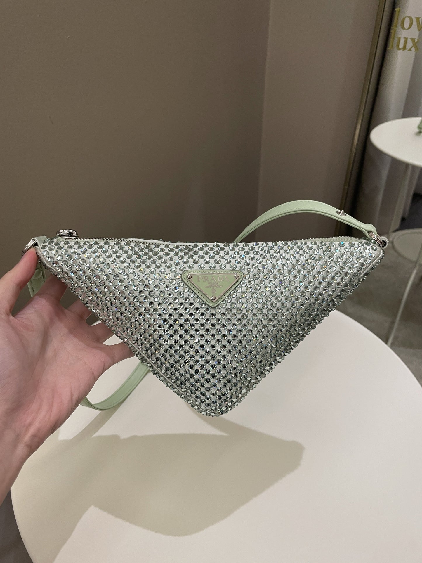 Prada Triangular Crystal Auqa Luxury Handbag Green Travel Bag
