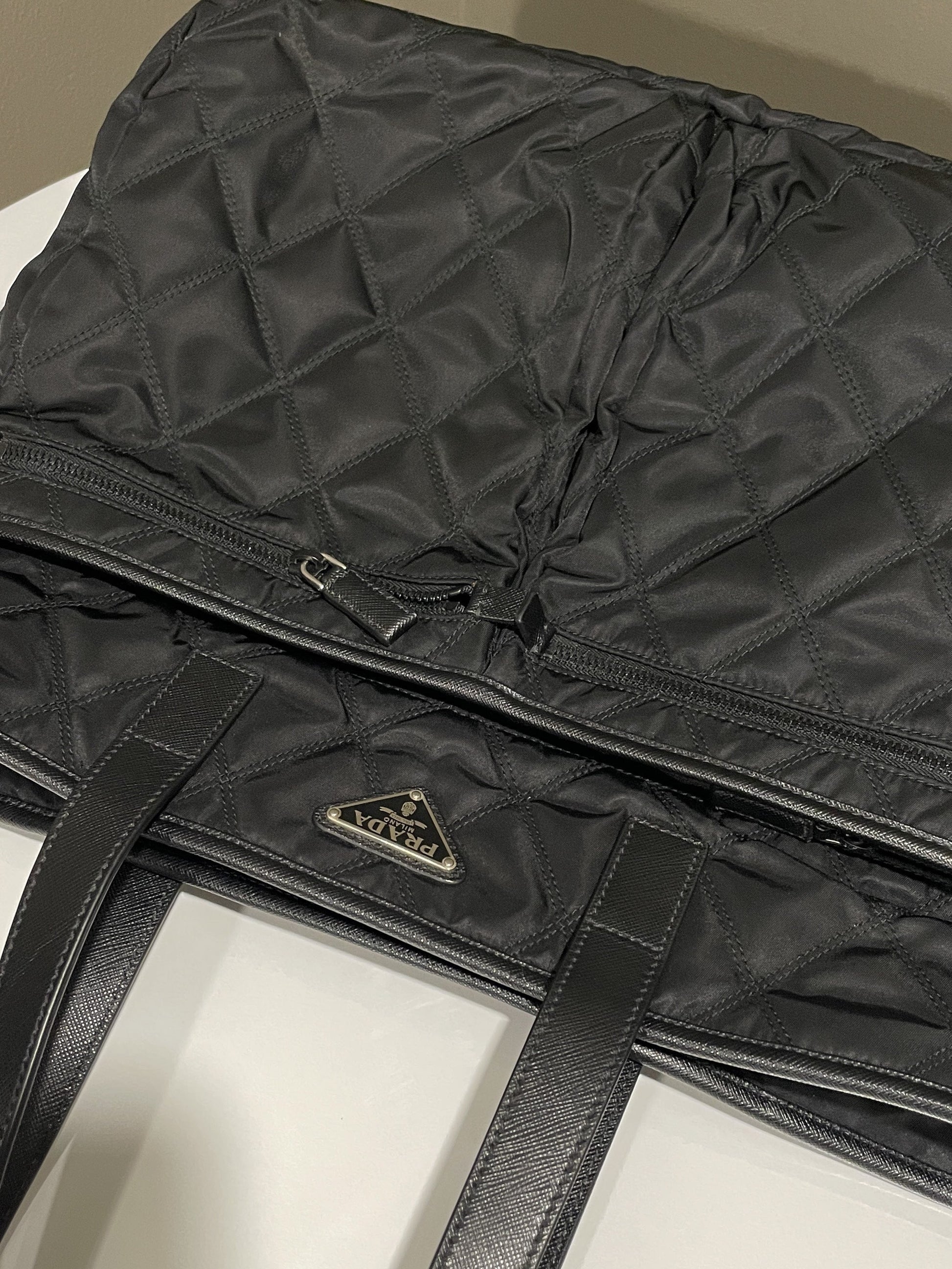 Prada Double Front Pocket Tote Nylon Quilted Black Tote Bag