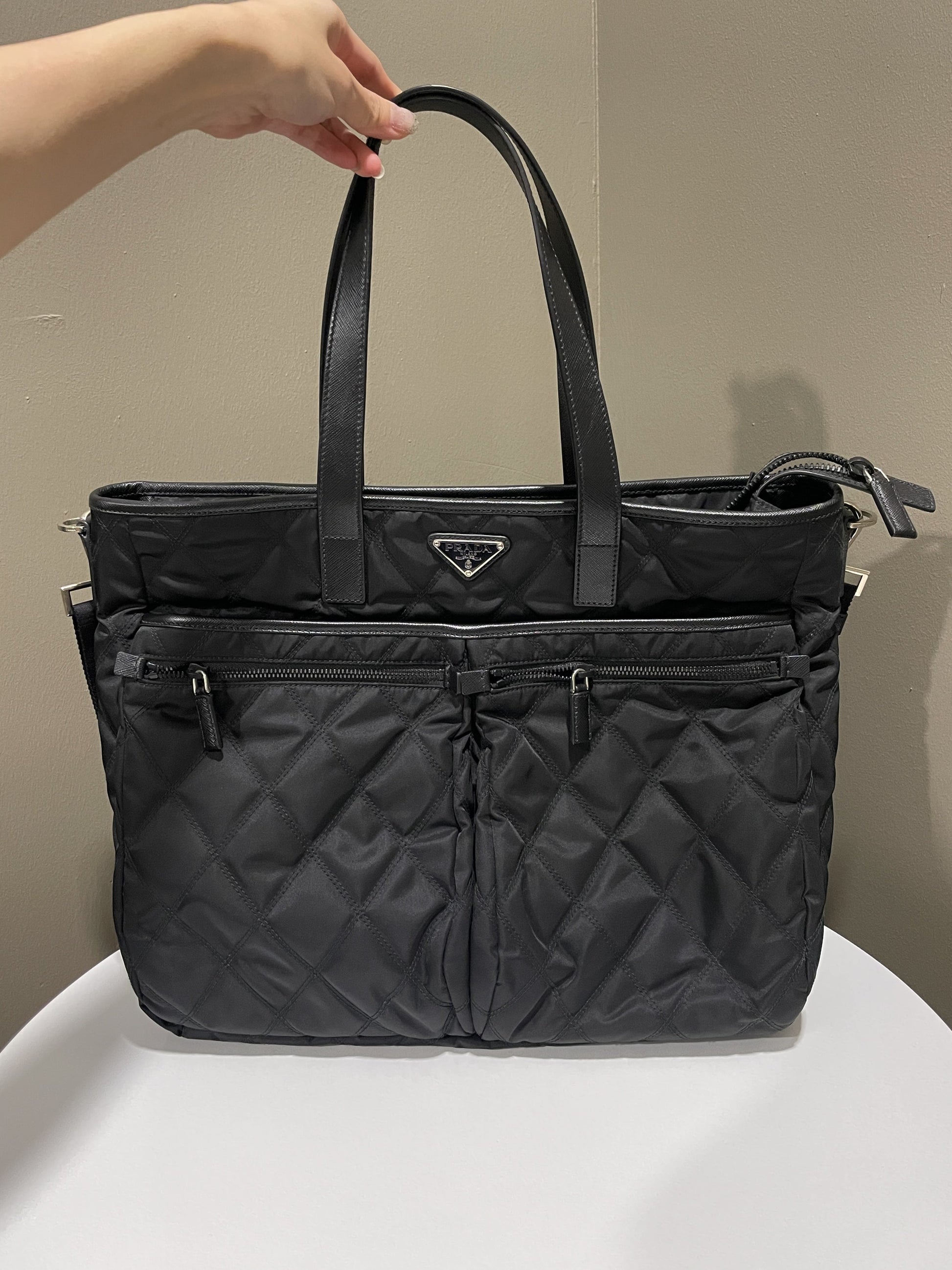 Prada Double Front Pocket Tote Nylon Quilted Black Tote Bag