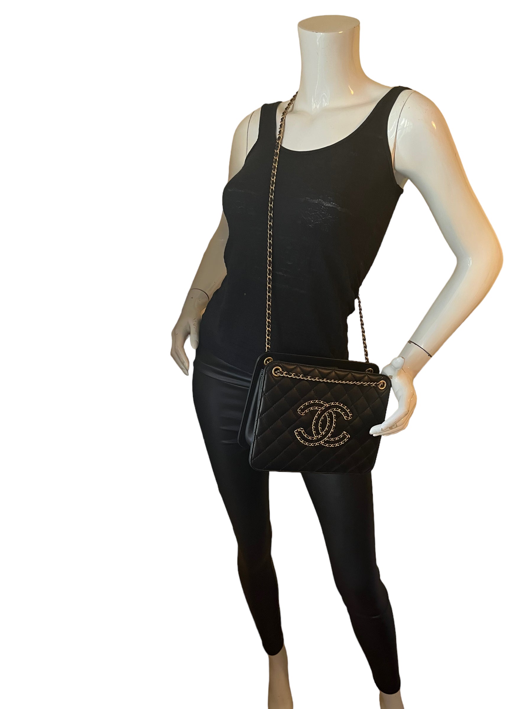 Chanel Black Calfskin Leather Quilted CC Chain Accordion Women Shoes