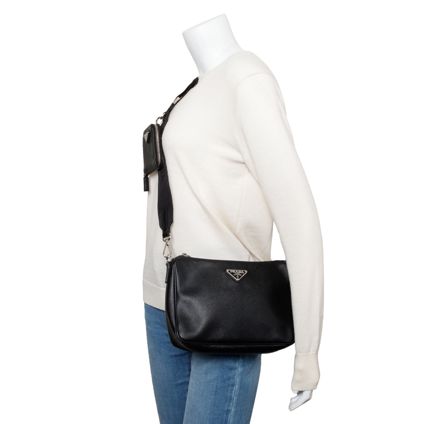 Prada Saffiano Travel Pocket Zippered Shoulder Bag Black