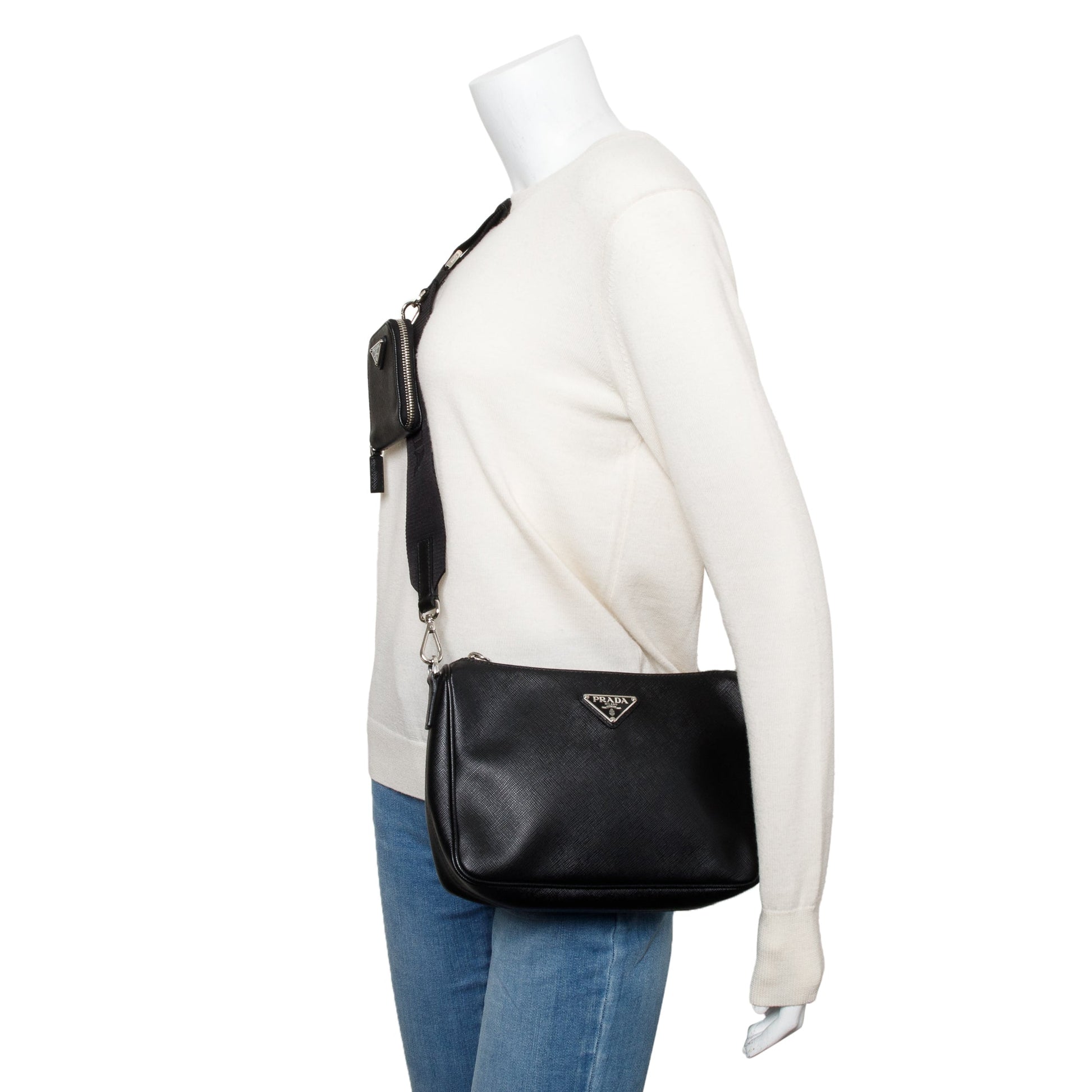 Prada Travel Pocket Zippered Shoulder Bag Saffiano Black
