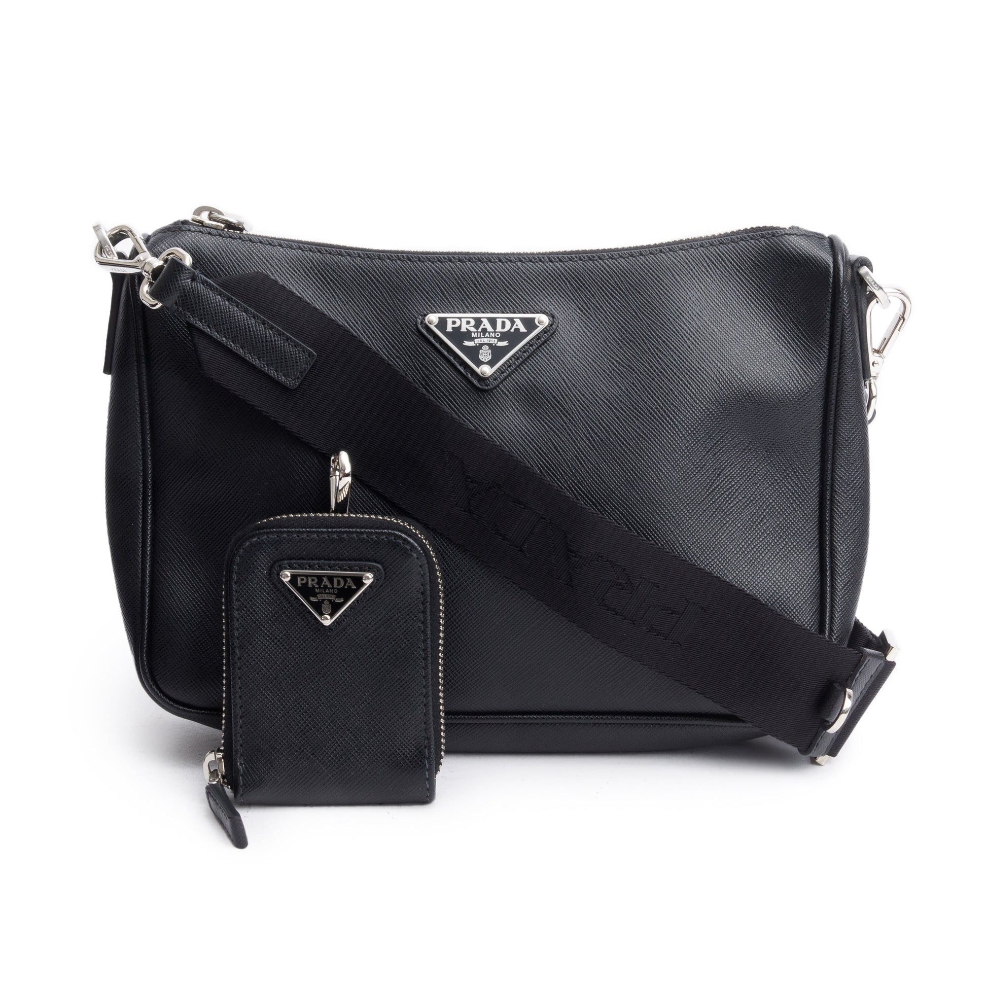 Prada Saffiano Travel Pocket Zippered Shoulder Bag Black