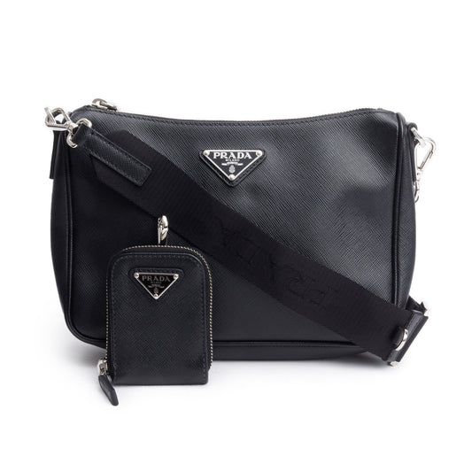 Prada Saffiano Travel Pocket Zippered Shoulder Bag Black