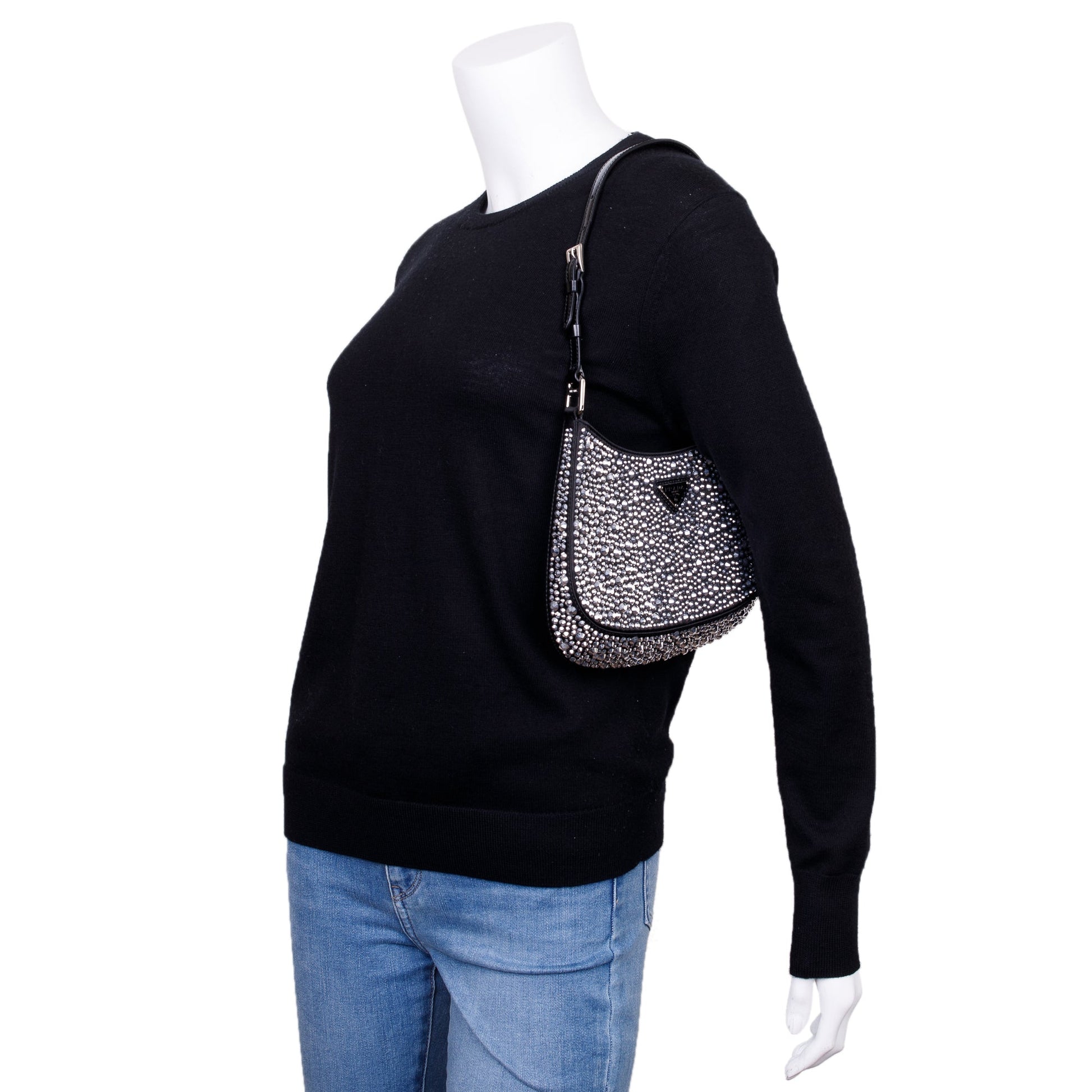Prada Crystal Cleo Shoulder Bag Satin Black