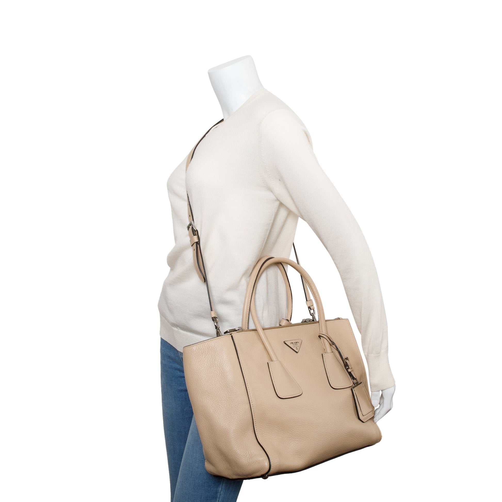 Prada Cervo Twin Pocket Tote Handbag Beige Medium Tote Bag