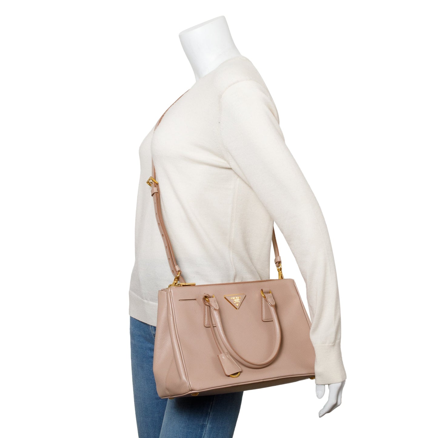 Prada Double Galleria Tote Leather Saffiano Beige Tote Bag