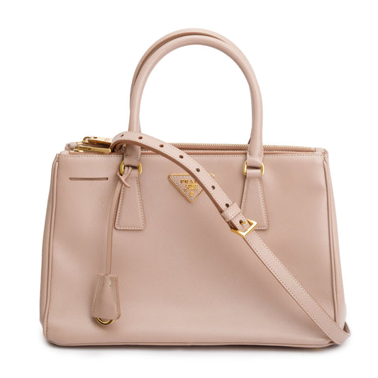 Prada Saffiano Double Zip Galleria Tote Handbag Leather Beige Tote Bag