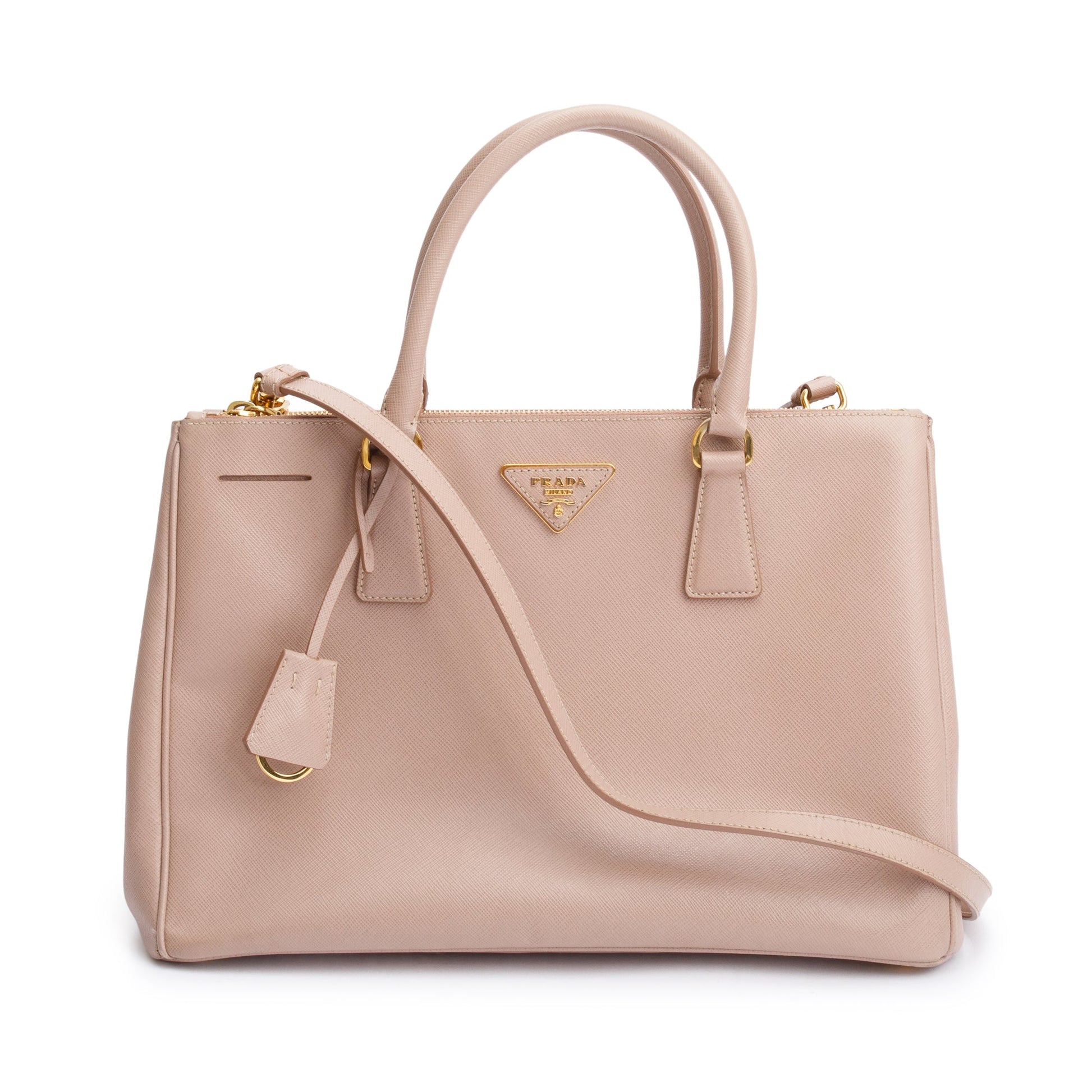Prada Saffiano Lux Double Zip Galleria Tote Handbag Beige Medium Tote Bag