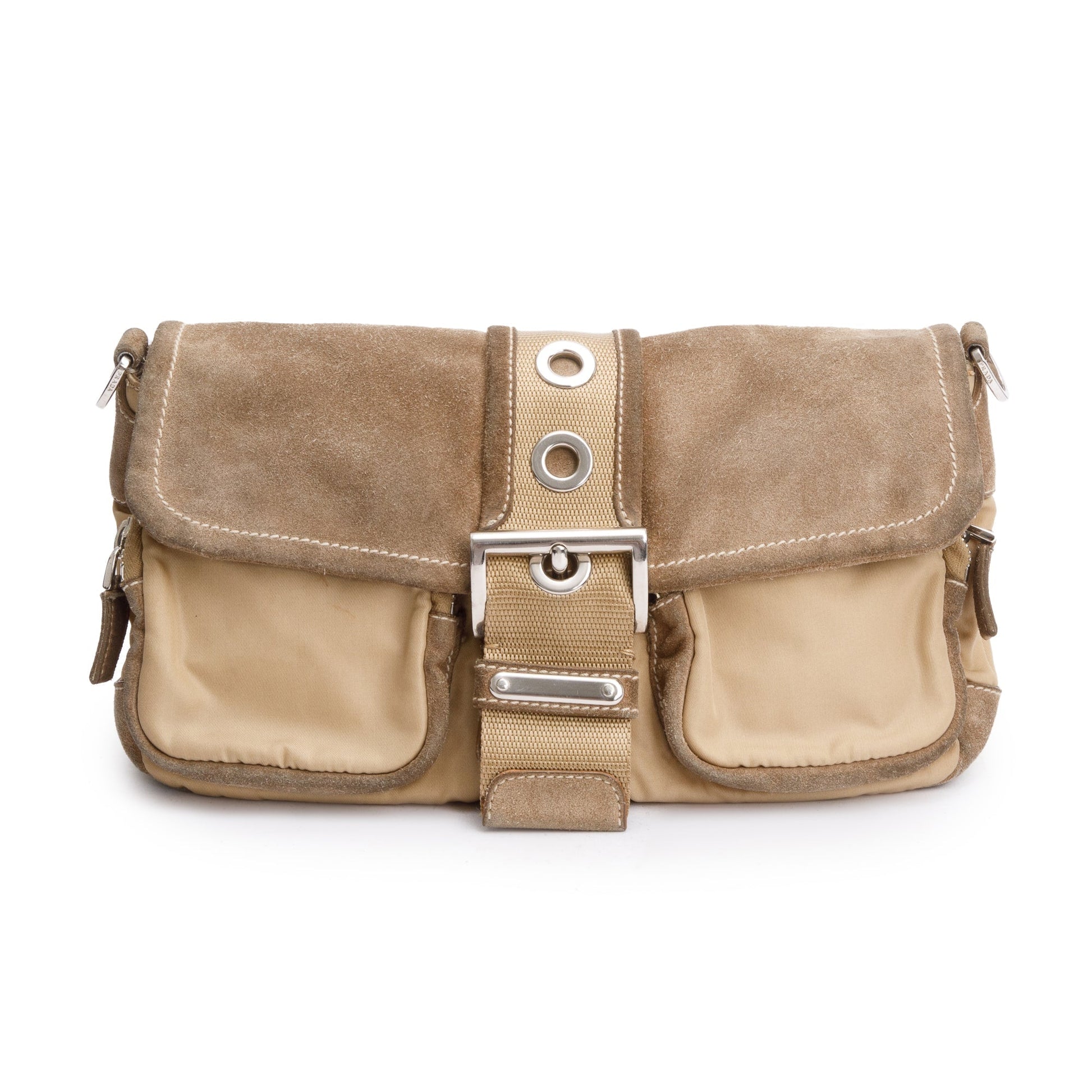 Prada Trim Buckle Flap Bag Suede Nylon Travel Bag