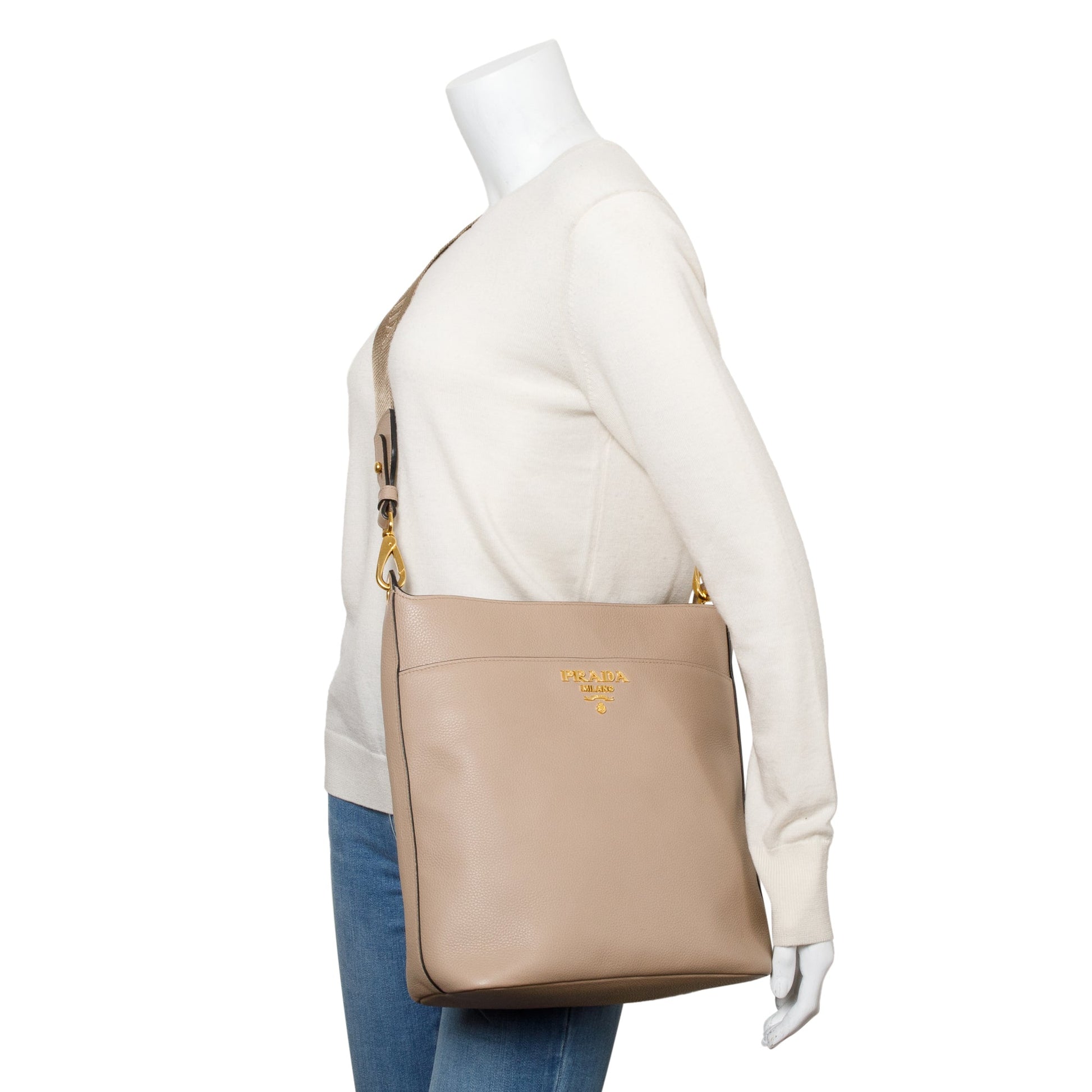 Prada Vitello Daino Hobo Messenger Bag Beige Travel Bag