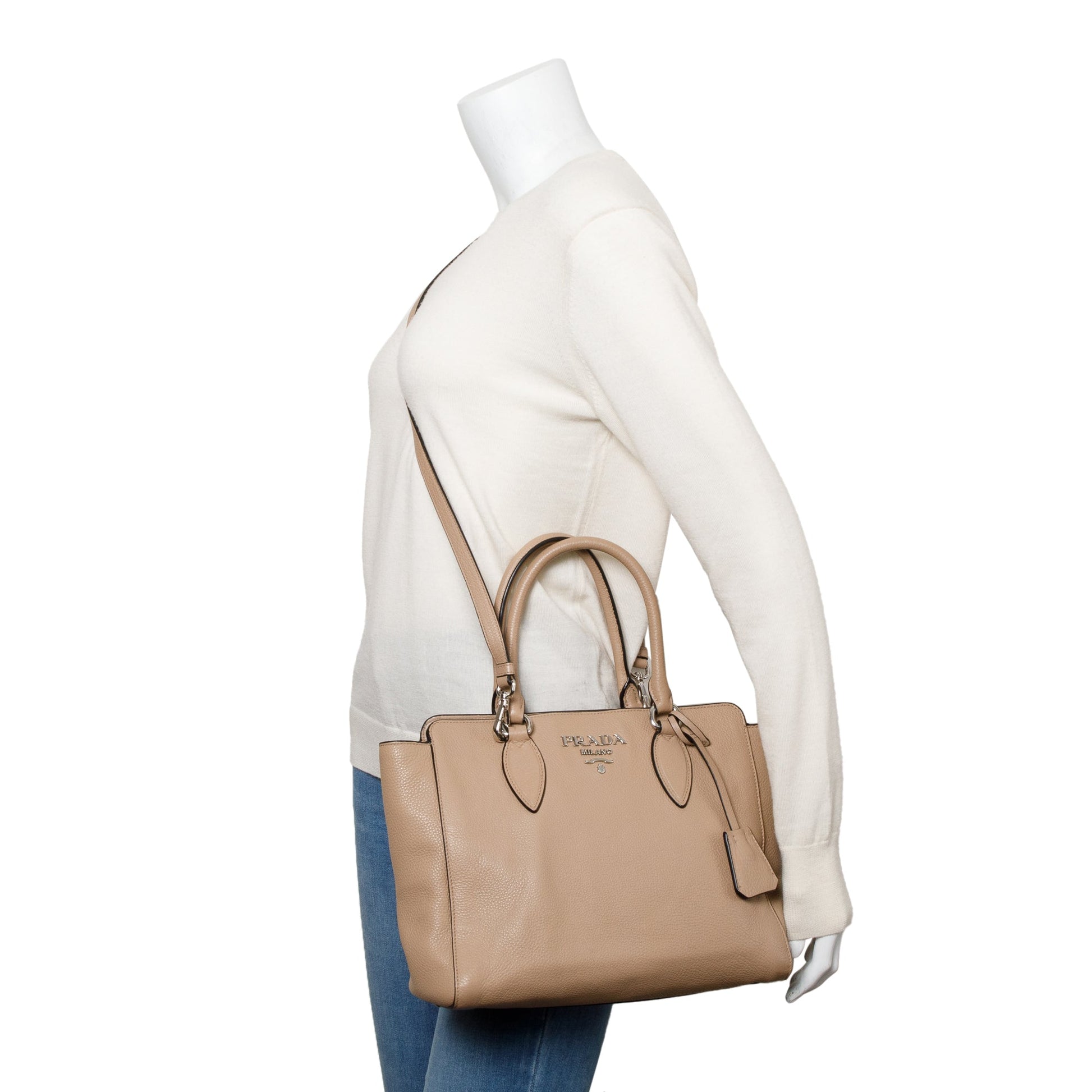Prada Phenix Two Way Tote Vitello Beige Zip Tote Bag