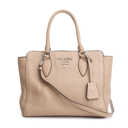 Prada Vitello Phenix Two Way Zip Tote Handbag Beige Tote Bag