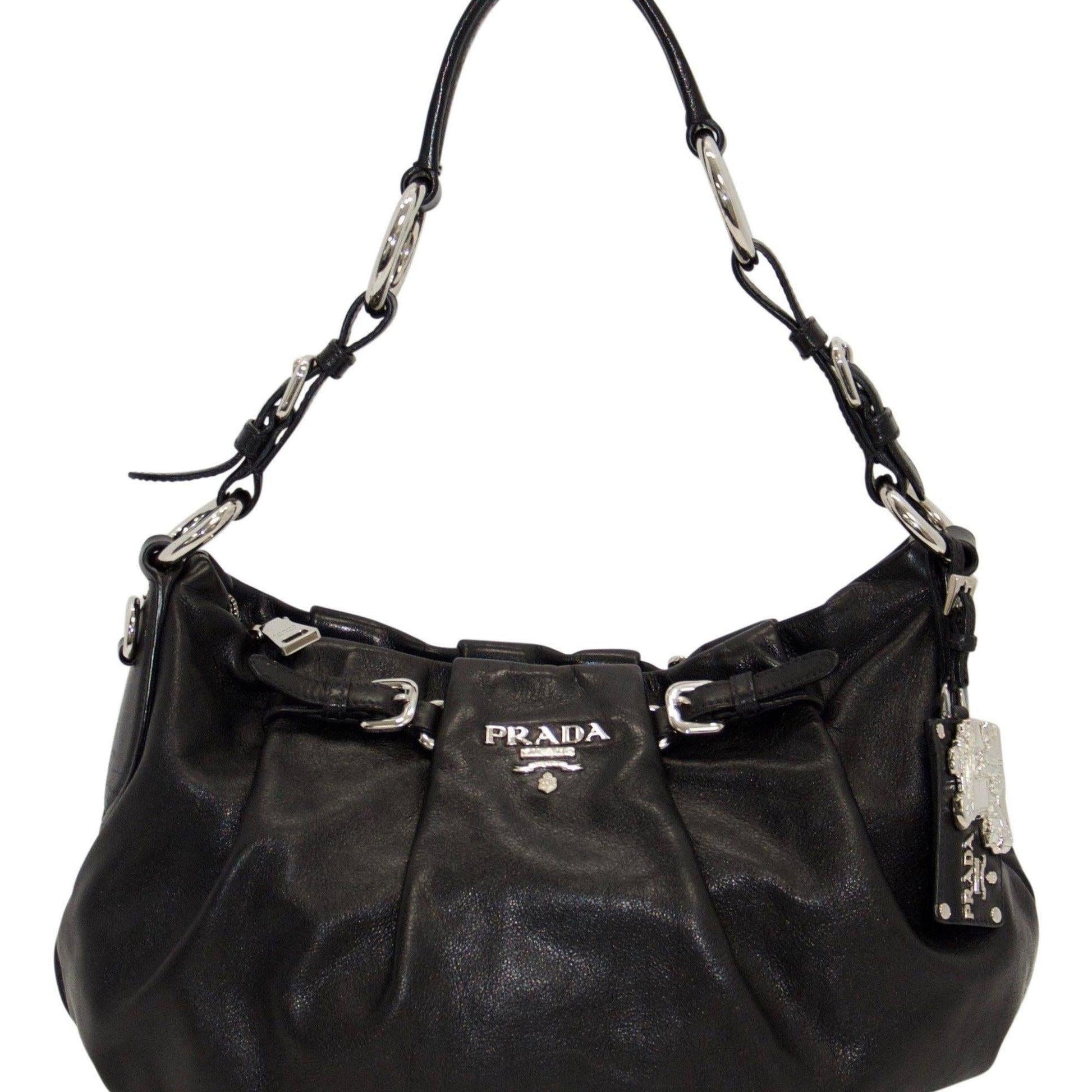 Prada Buckle Pleated Hobo Handbag Black Travel Bag