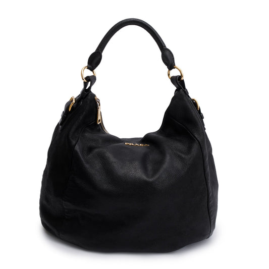 Prada Cervo Shine Hobo Handbag Black Travel Bag