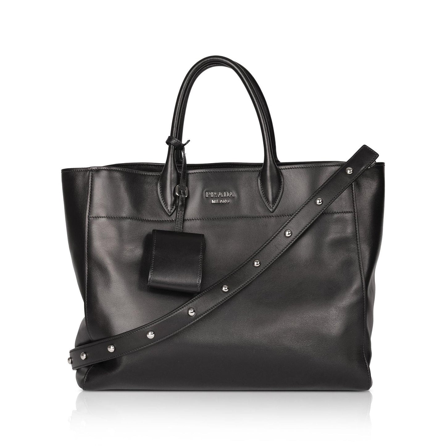 Prada City Calf Square Tote Bag Leather Black