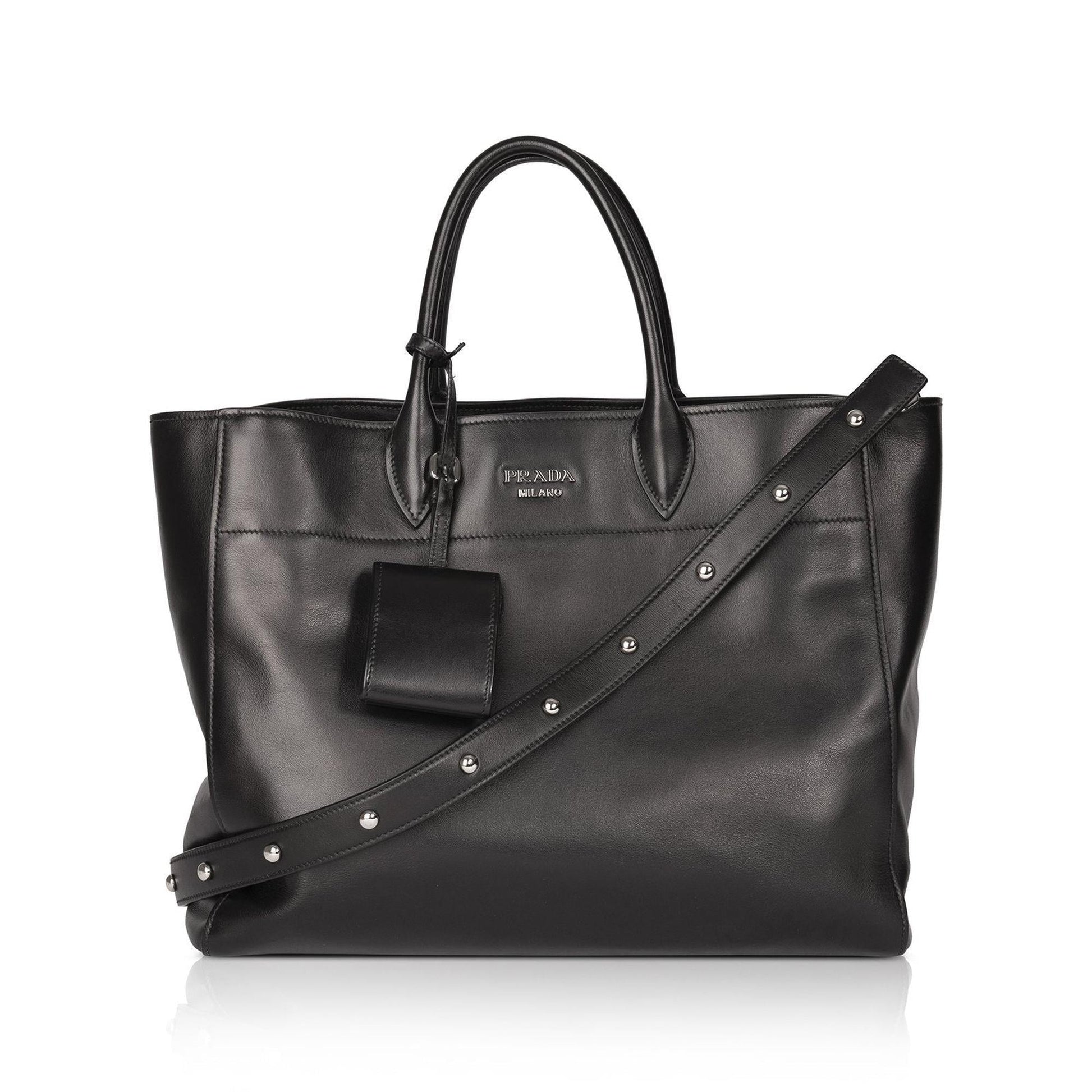 Prada City Calf Square Tote Bag Leather Black