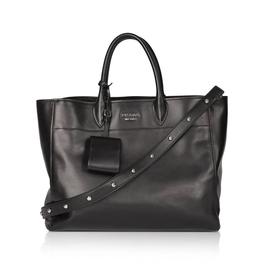 Prada City Calf Square Tote Bag Leather Black
