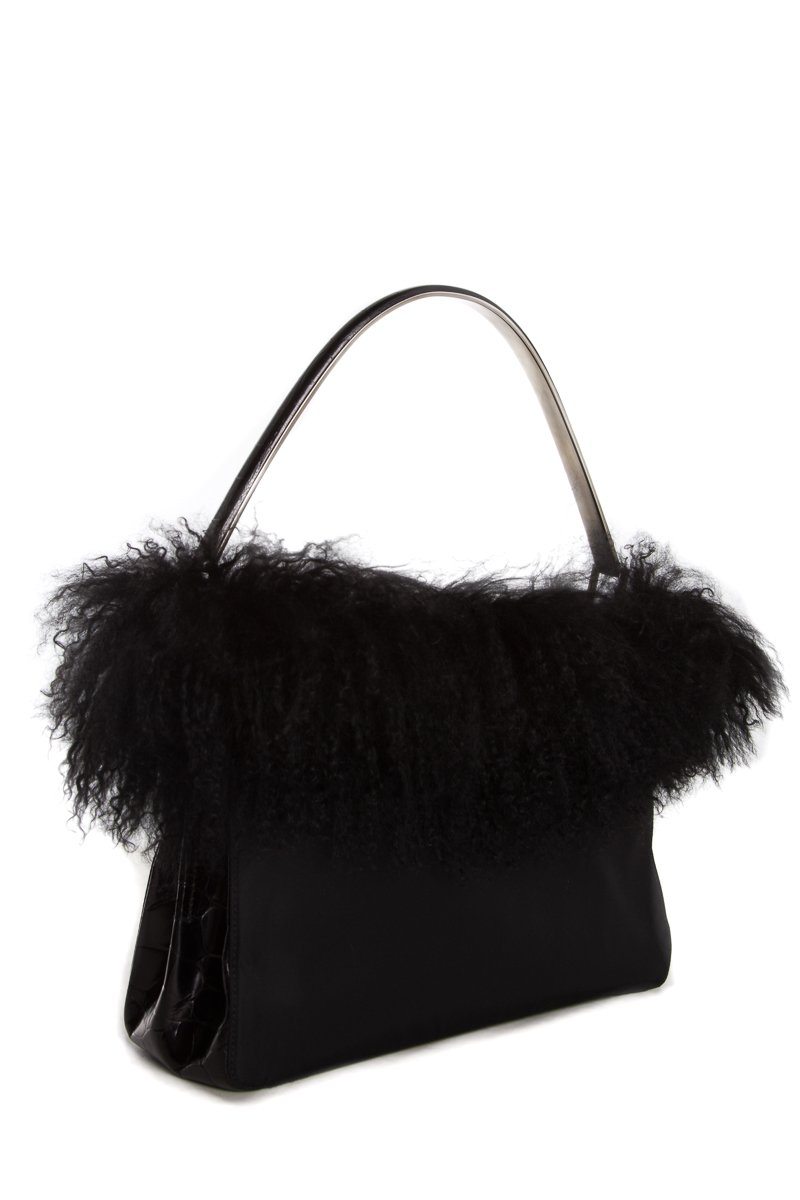 Prada Fur Handle Bag Black Travel Bag