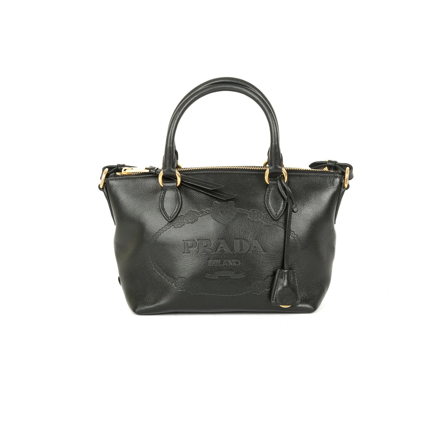 Prada Glace Calf Embossed Tote Handbag Black Logo Tote Bag