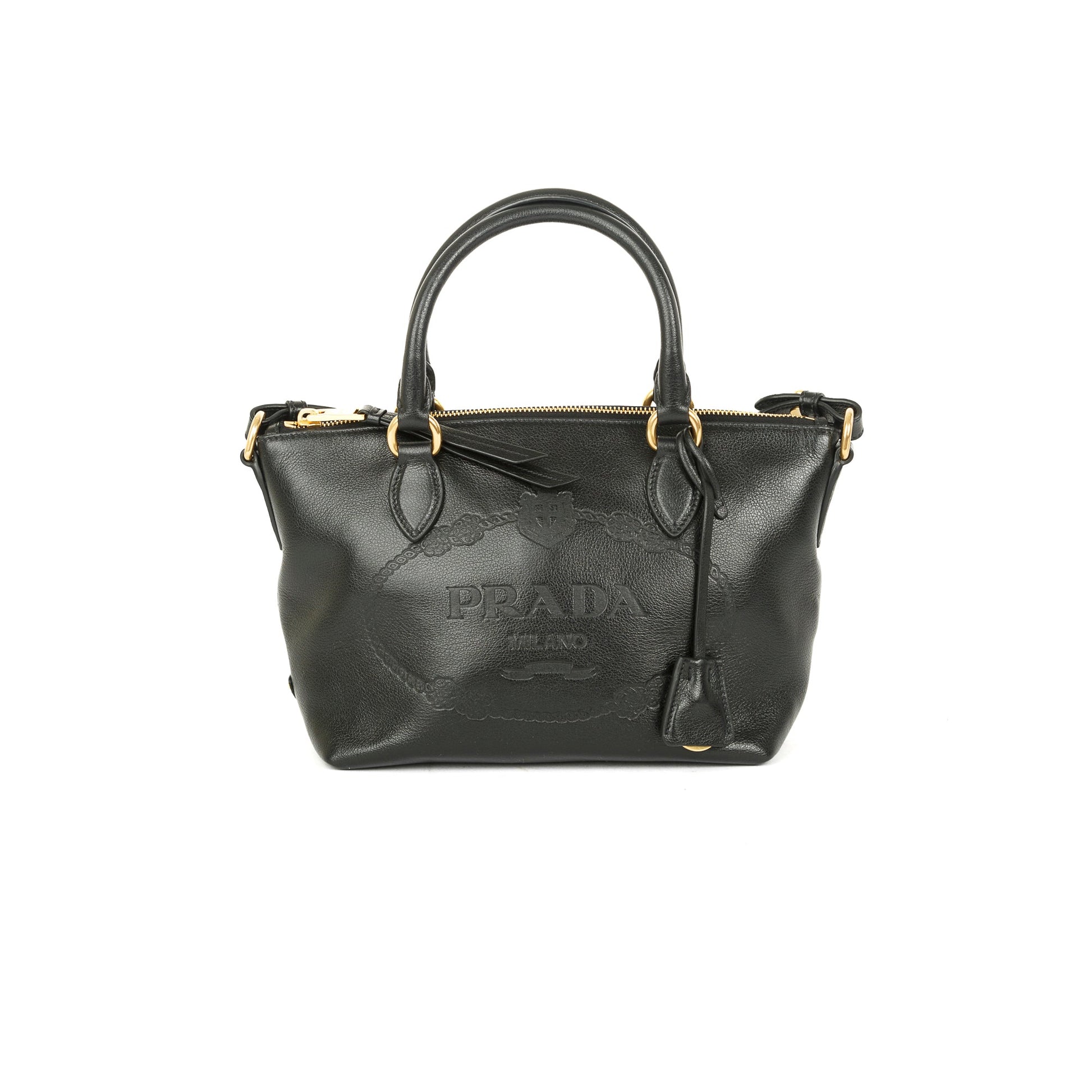 Prada Glace Calf Embossed Tote Handbag Black Logo Tote Bag