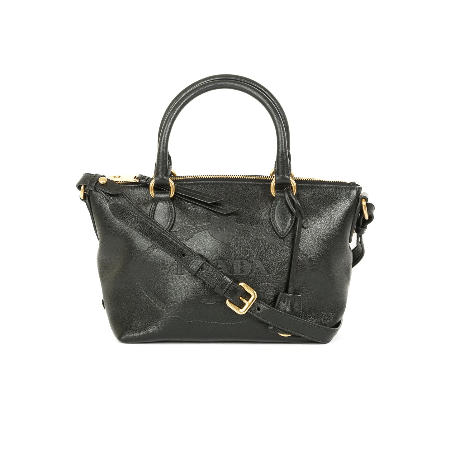 Prada Glace Calf Embossed Tote Handbag Black Logo Tote Bag