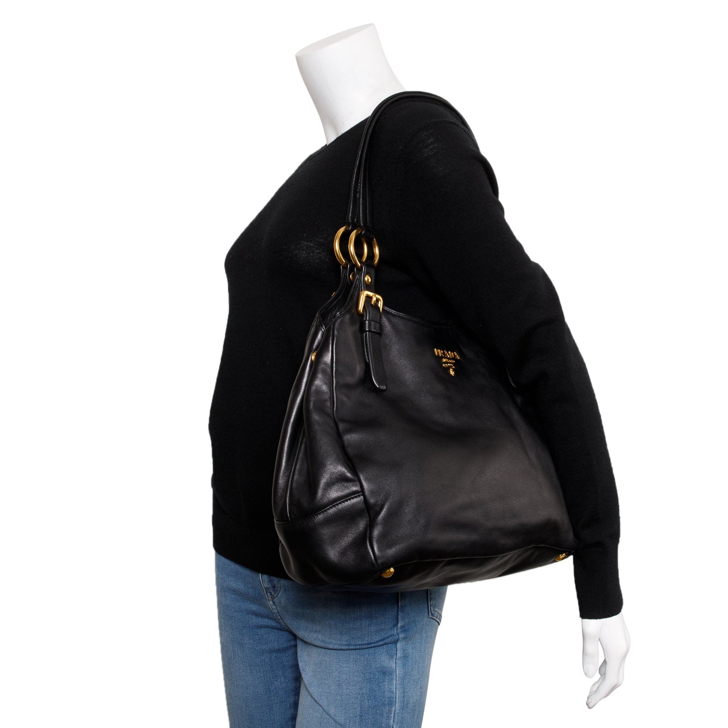 Prada Glace Calf Hobo Handbag Leather Black Travel Bag