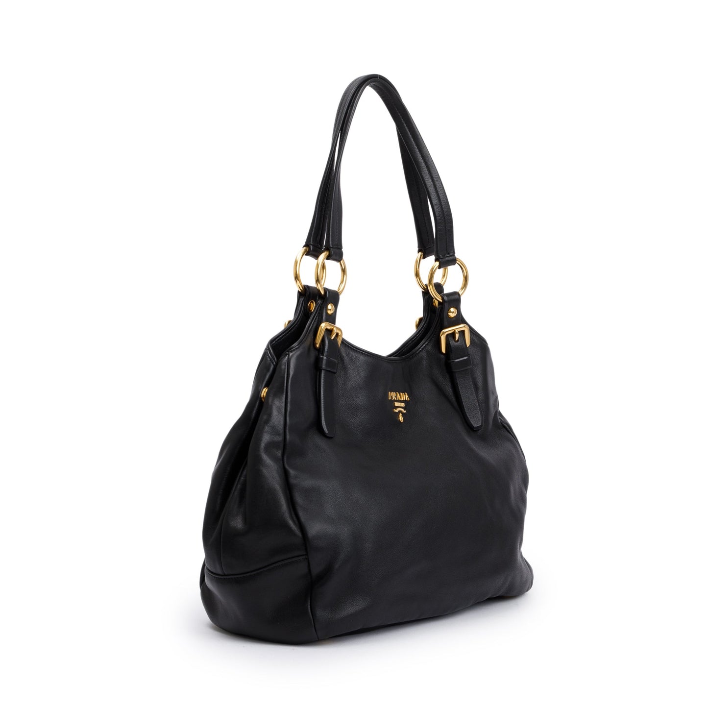 Prada Glace Calf Hobo Handbag Leather Black Travel Bag