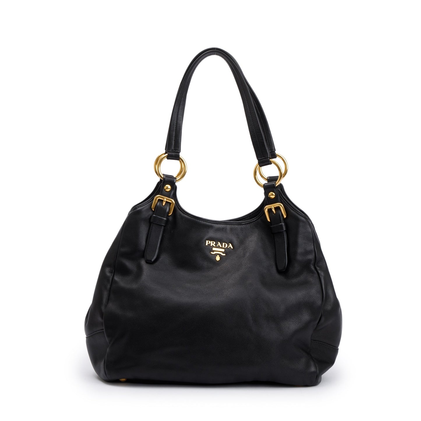 Prada Glace Calf Hobo Handbag Leather Black Travel Bag