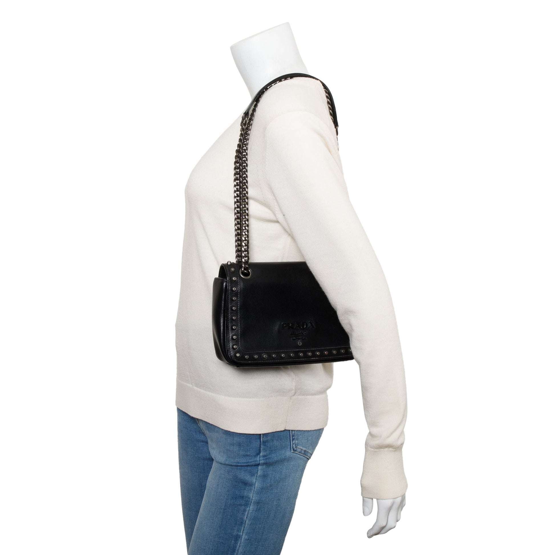 Prada Glace Calf Studded Crossbody Bag Black
