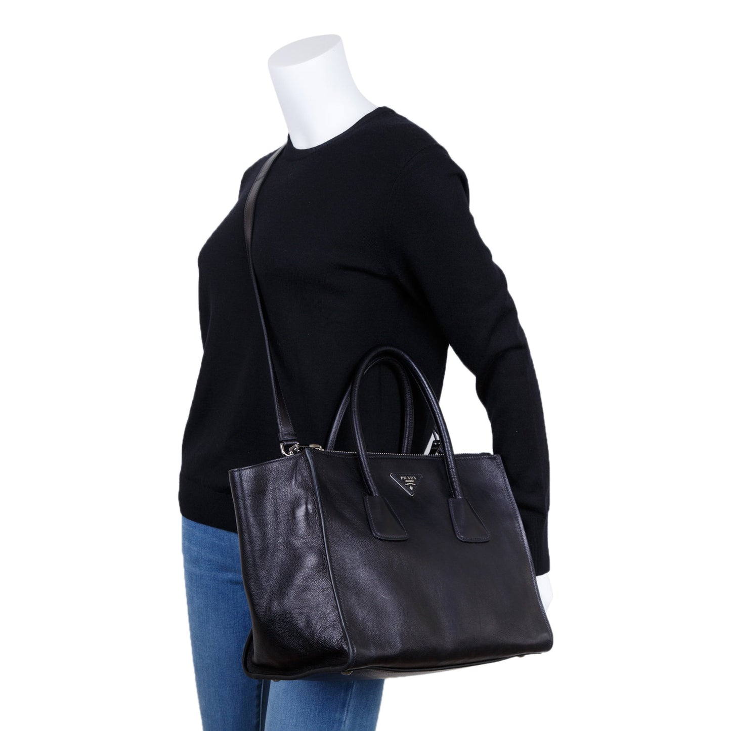 Prada Glace Calf Twin Pocket Tote Handbag Black Tote Bag