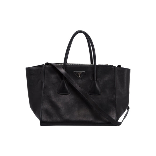 Prada Glace Calf Twin Pocket Tote Handbag Black Tote Bag