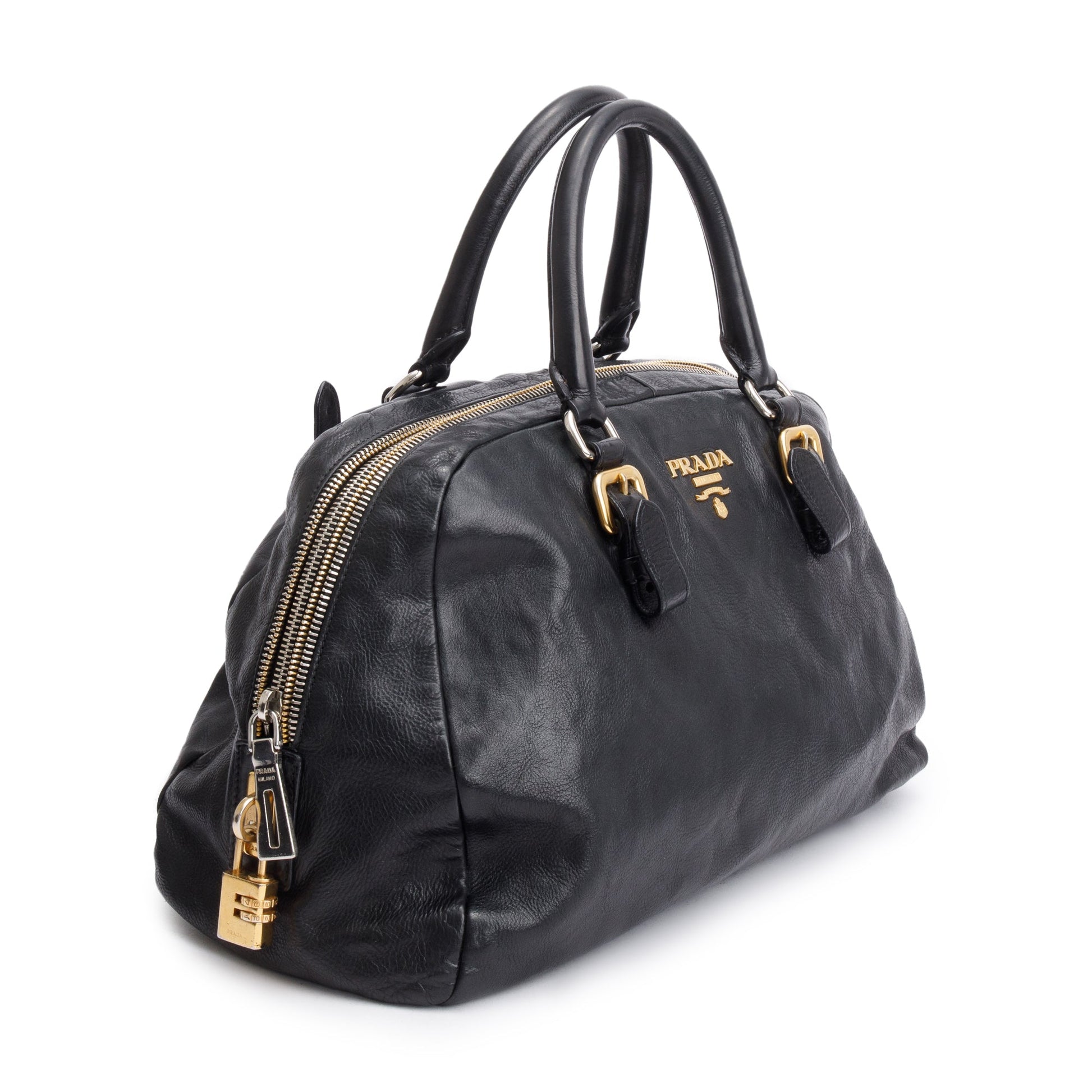 Prada Glace Zipper Bowler Bag Black Travel Bag