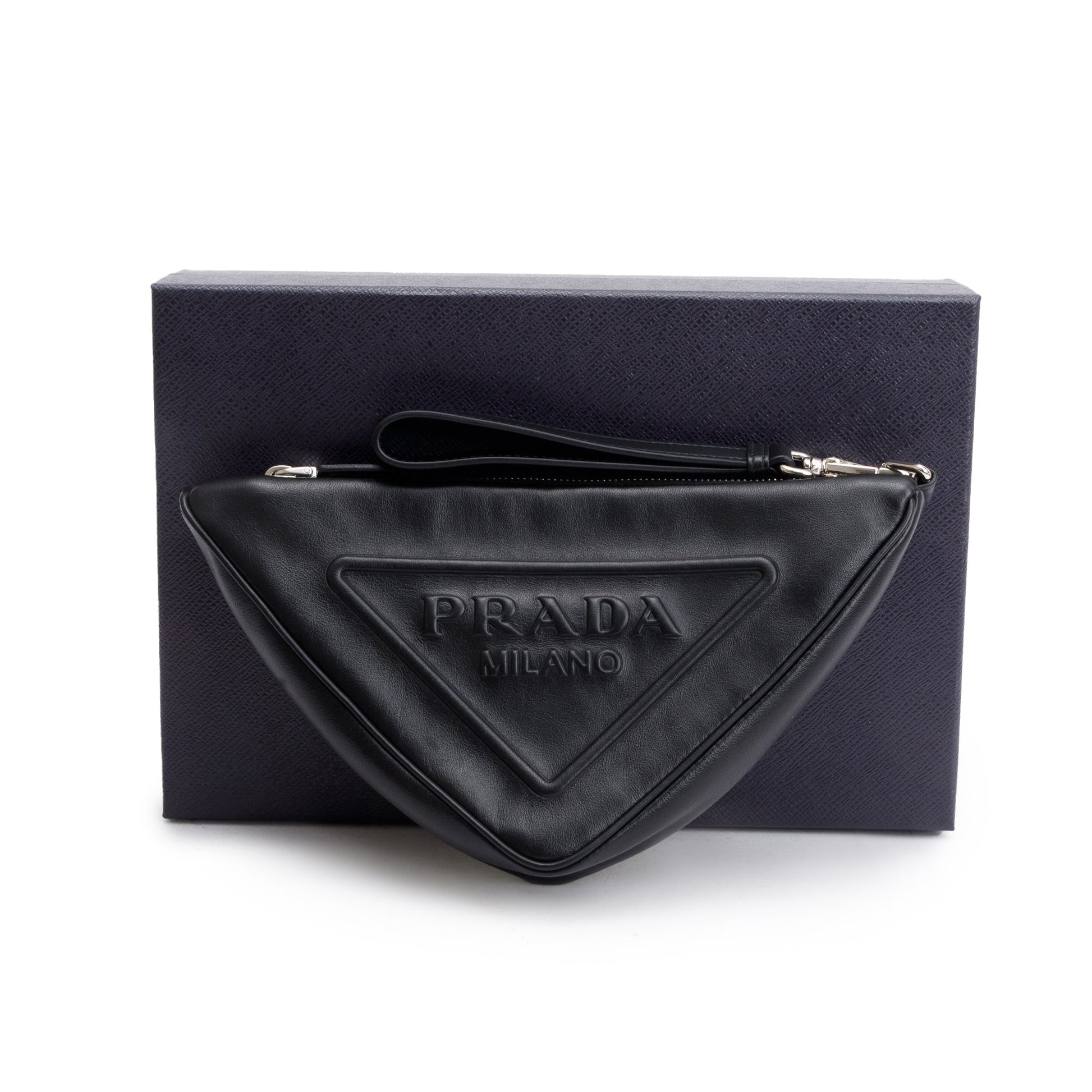 Prada Grace Lux Triangle Wristlet Clutch Handbag Leather Black Clutch Bag