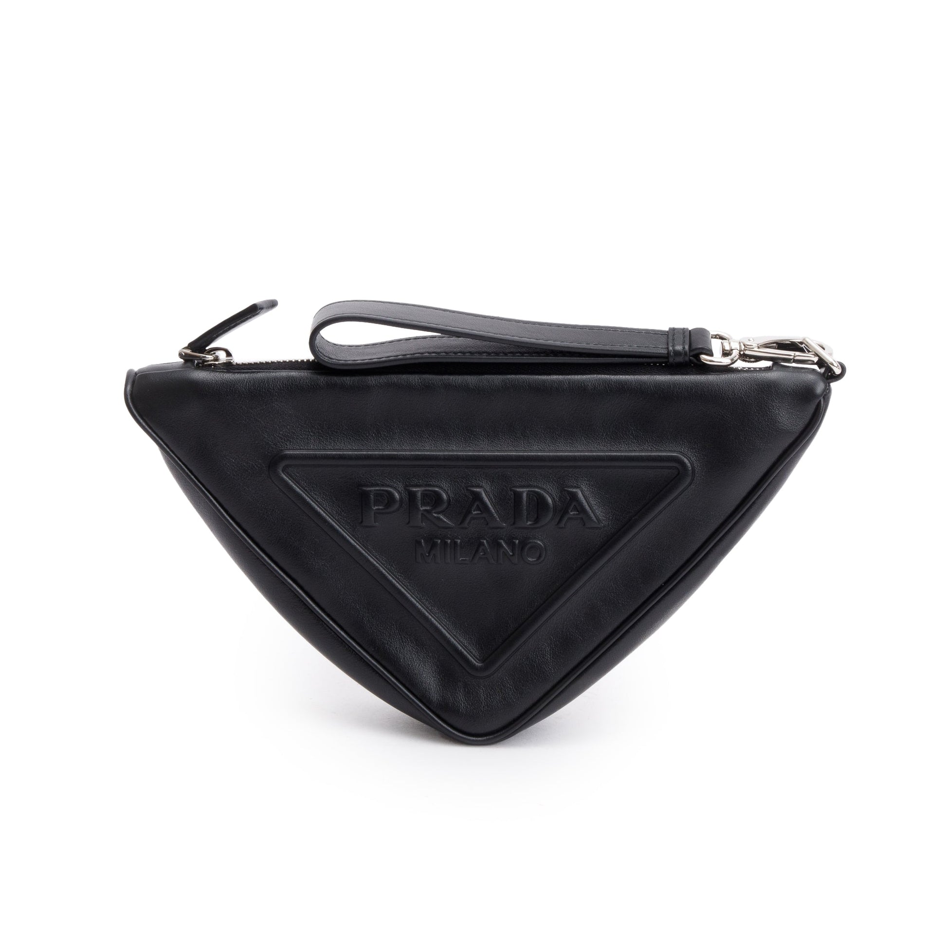 Prada Grace Lux Triangle Wristlet Clutch Handbag Leather Black Clutch Bag