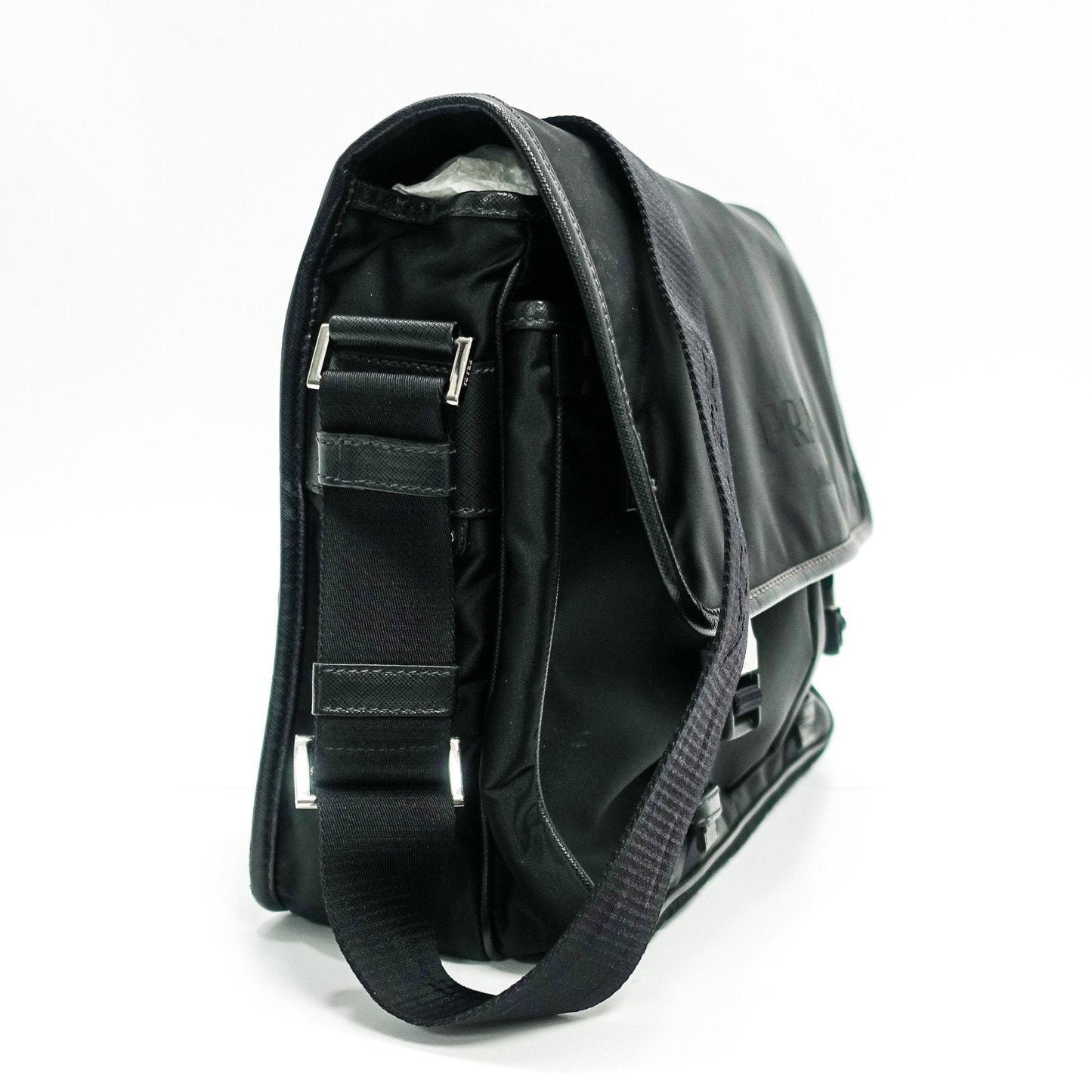 Prada Trimmed Shell Messanger Handbag Leather Black Travel Bag