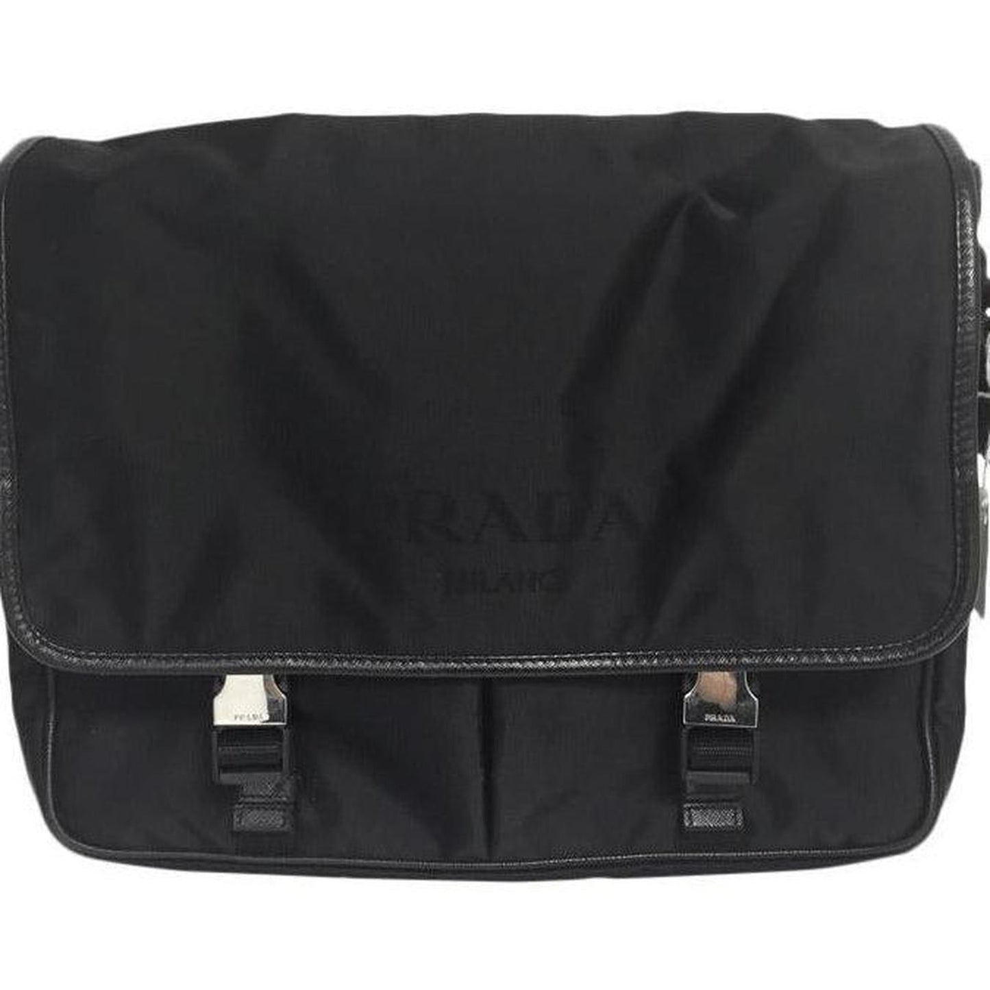 Prada Trimmed Shell Messanger Handbag Leather Black Travel Bag