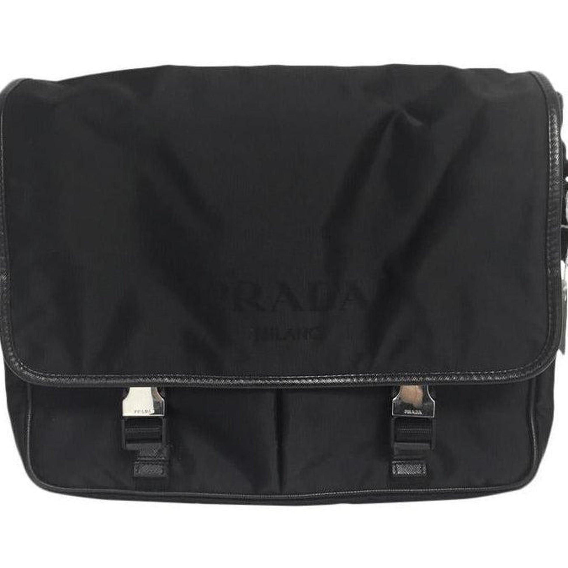 Prada Trimmed Shell Messanger Handbag Leather Black Travel Bag