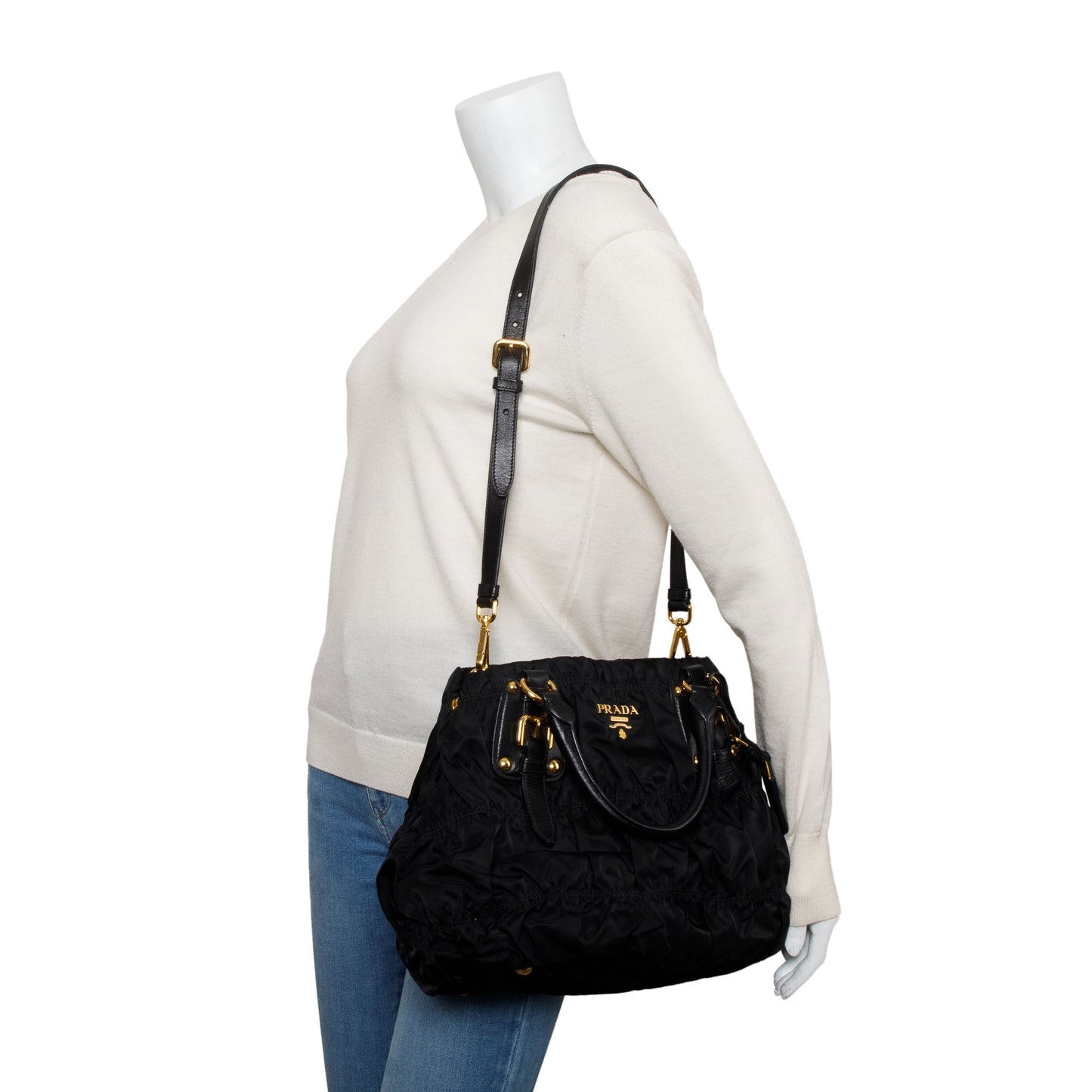 Prada Trimmed Tessuto Gaufre Tote Leather Black Tote Bag