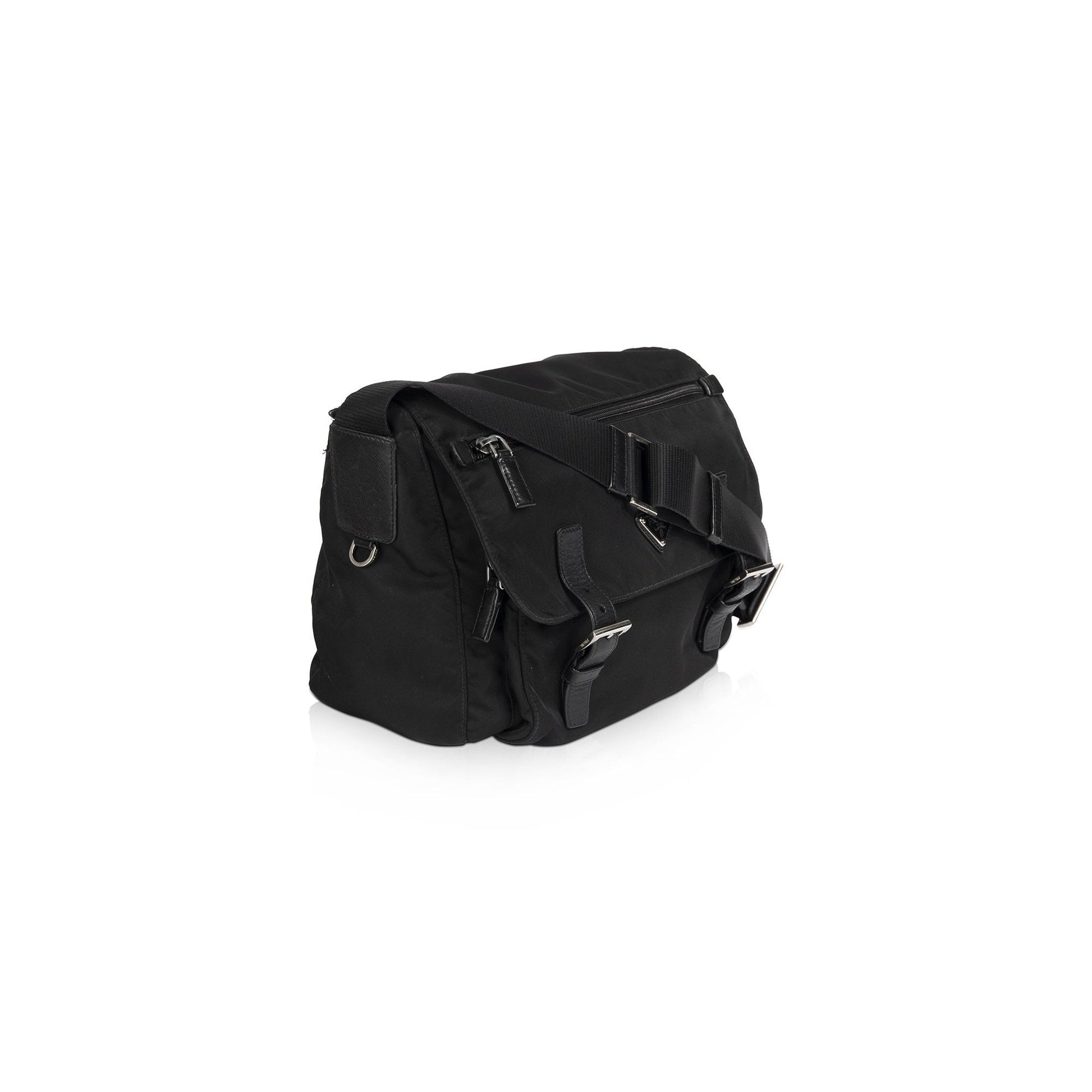Prada Trimmed Tessuto Messenger Bag Leather Black Travel Bag