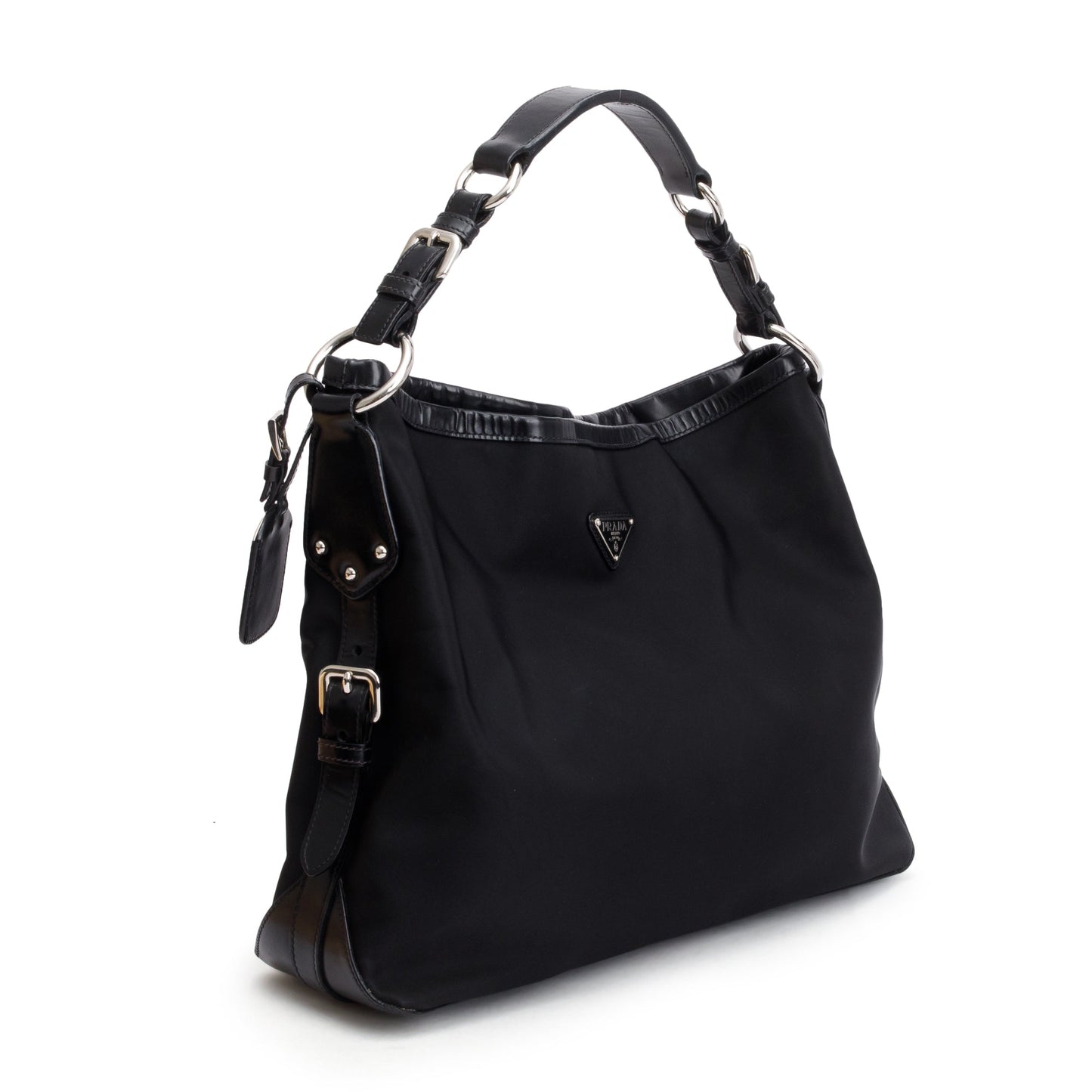 Prada Trimmed Tessuto Hobo Handbag Leather Nylon Travel Bag