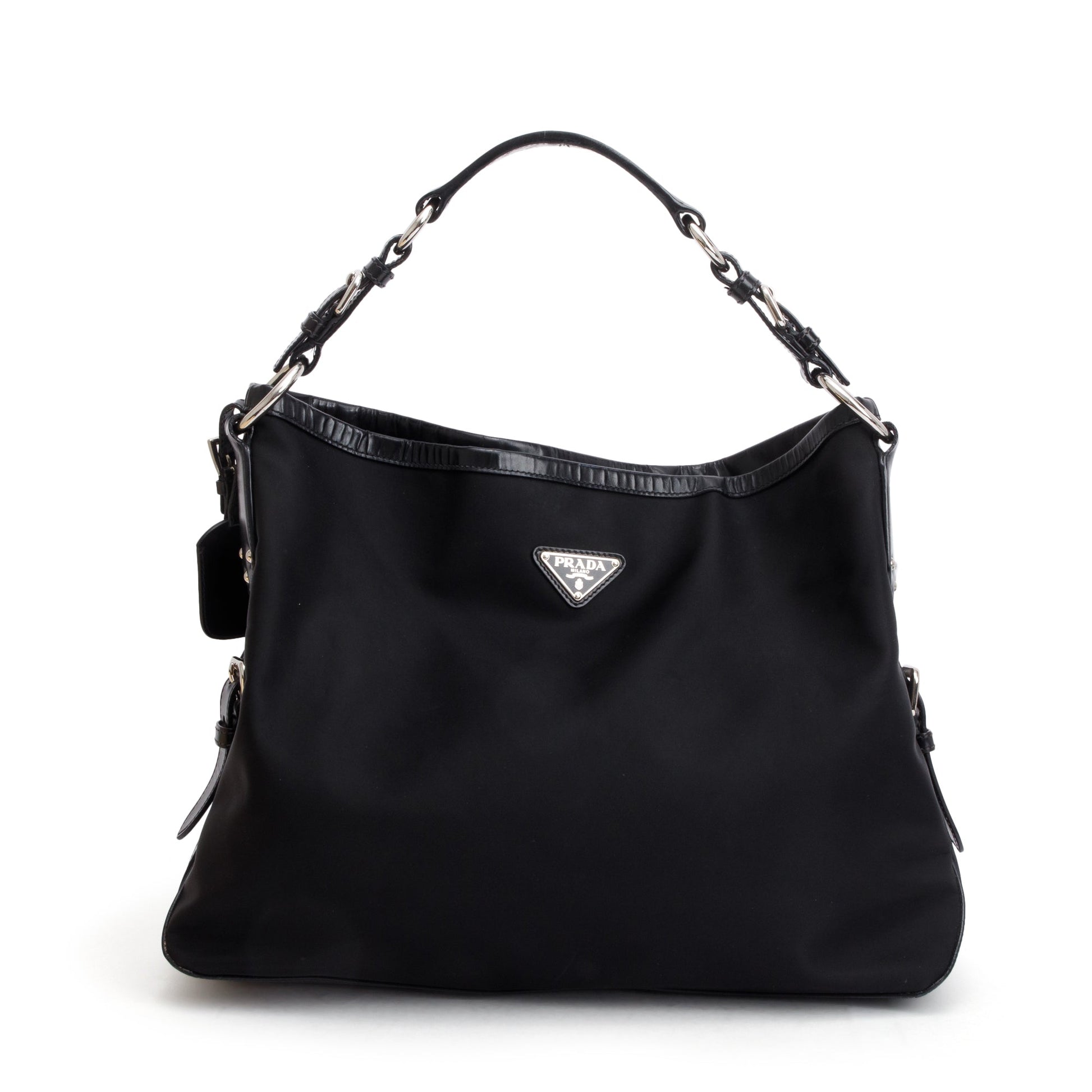 Prada Trimmed Tessuto Hobo Handbag Leather Nylon Travel Bag