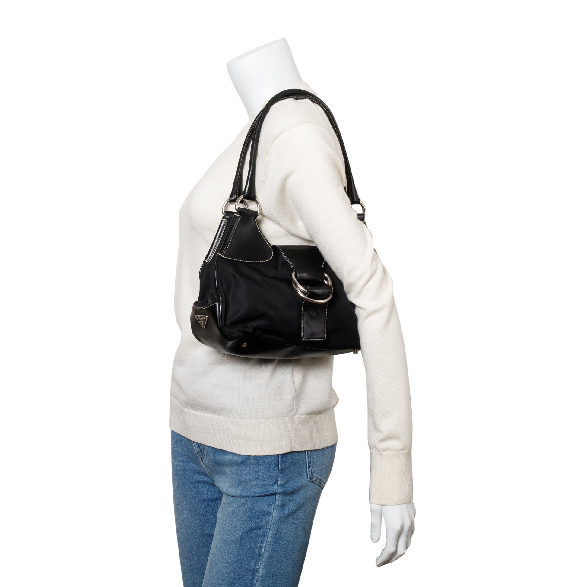Prada Trimmed Tessuto Moon Bag Leather Nylon Travel Bag
