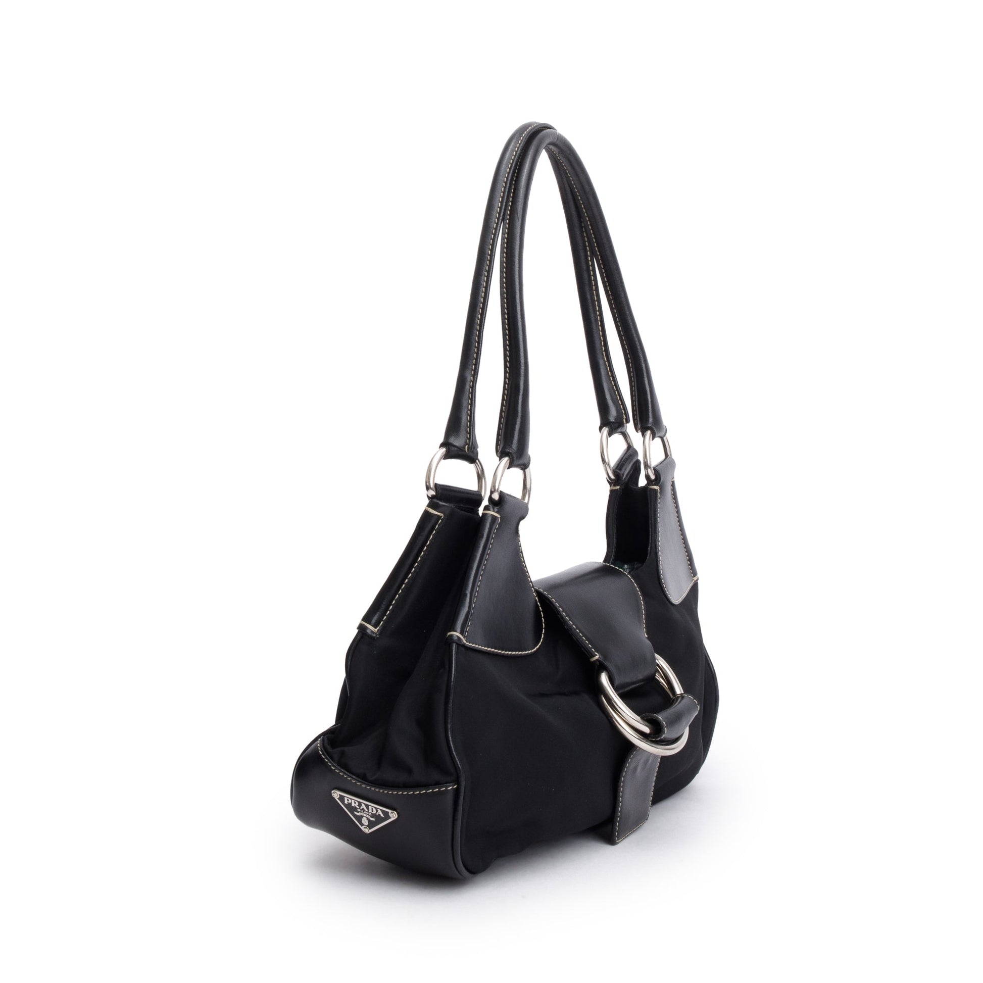Prada Trimmed Tessuto Moon Bag Leather Nylon Black Travel Bag