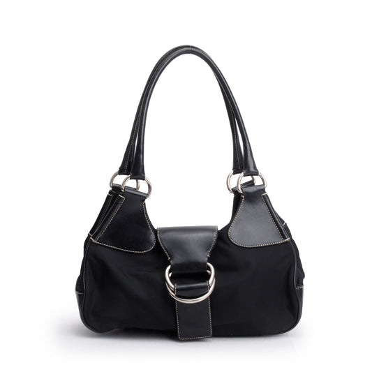 Prada Trimmed Tessuto Moon Bag Leather Nylon Travel Bag