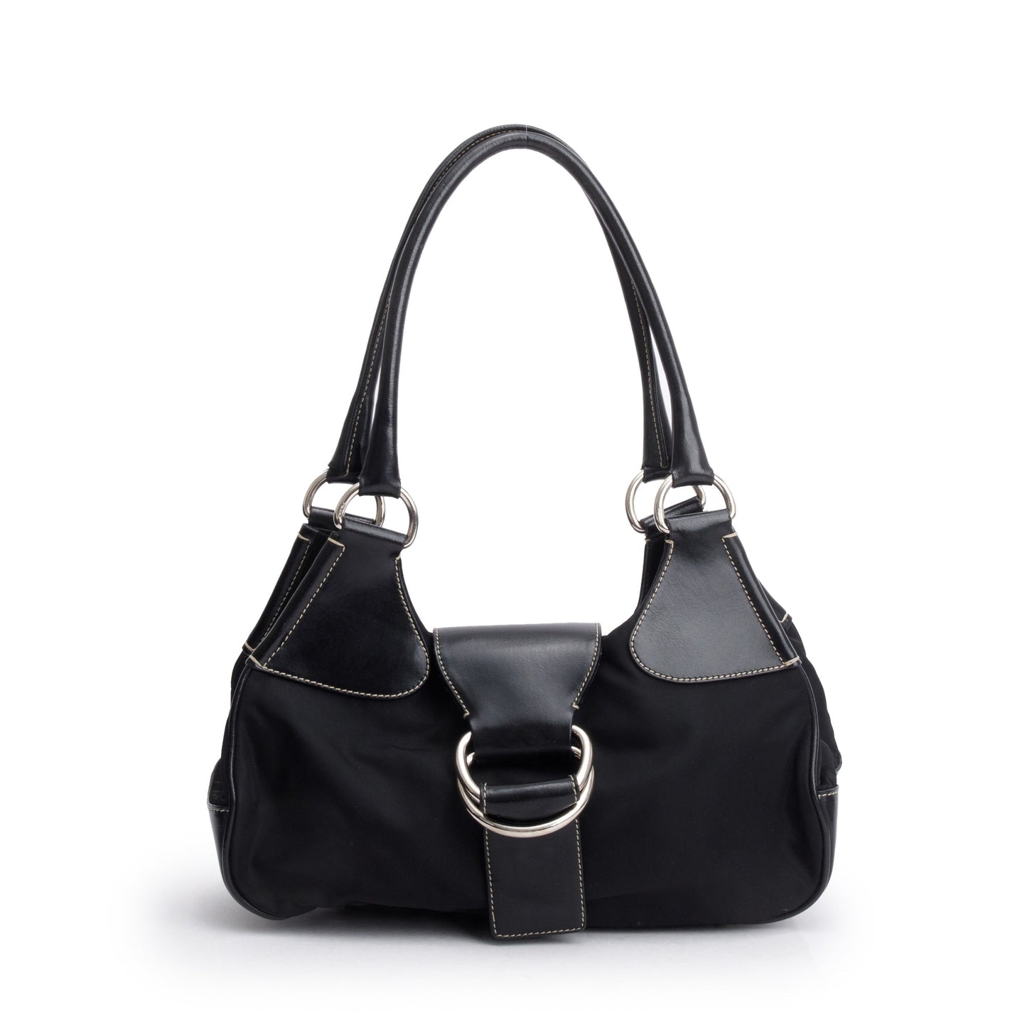Prada Trimmed Tessuto Moon Bag Leather Nylon Black Travel Bag