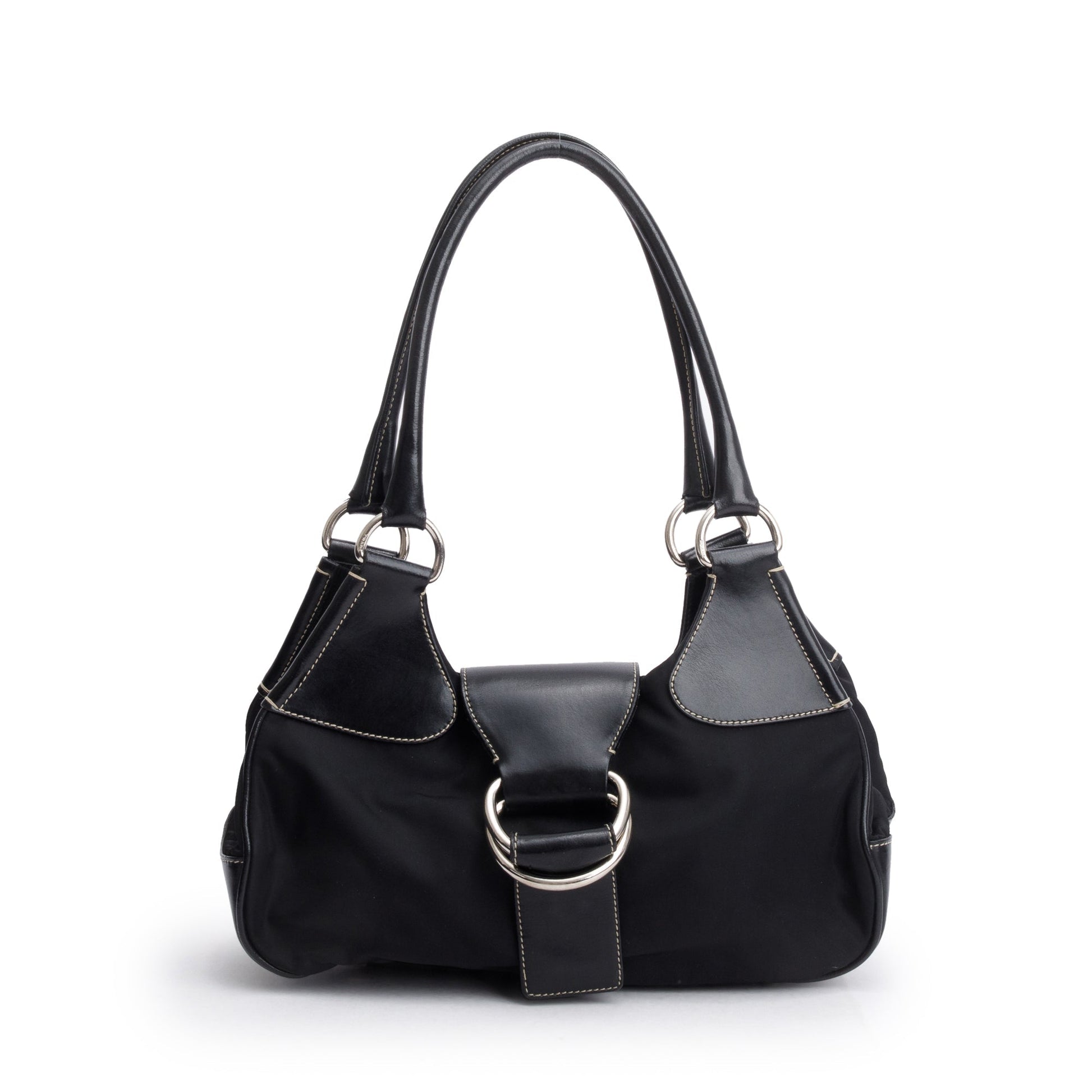 Prada Trimmed Tessuto Moon Bag Leather Nylon Black Travel Bag