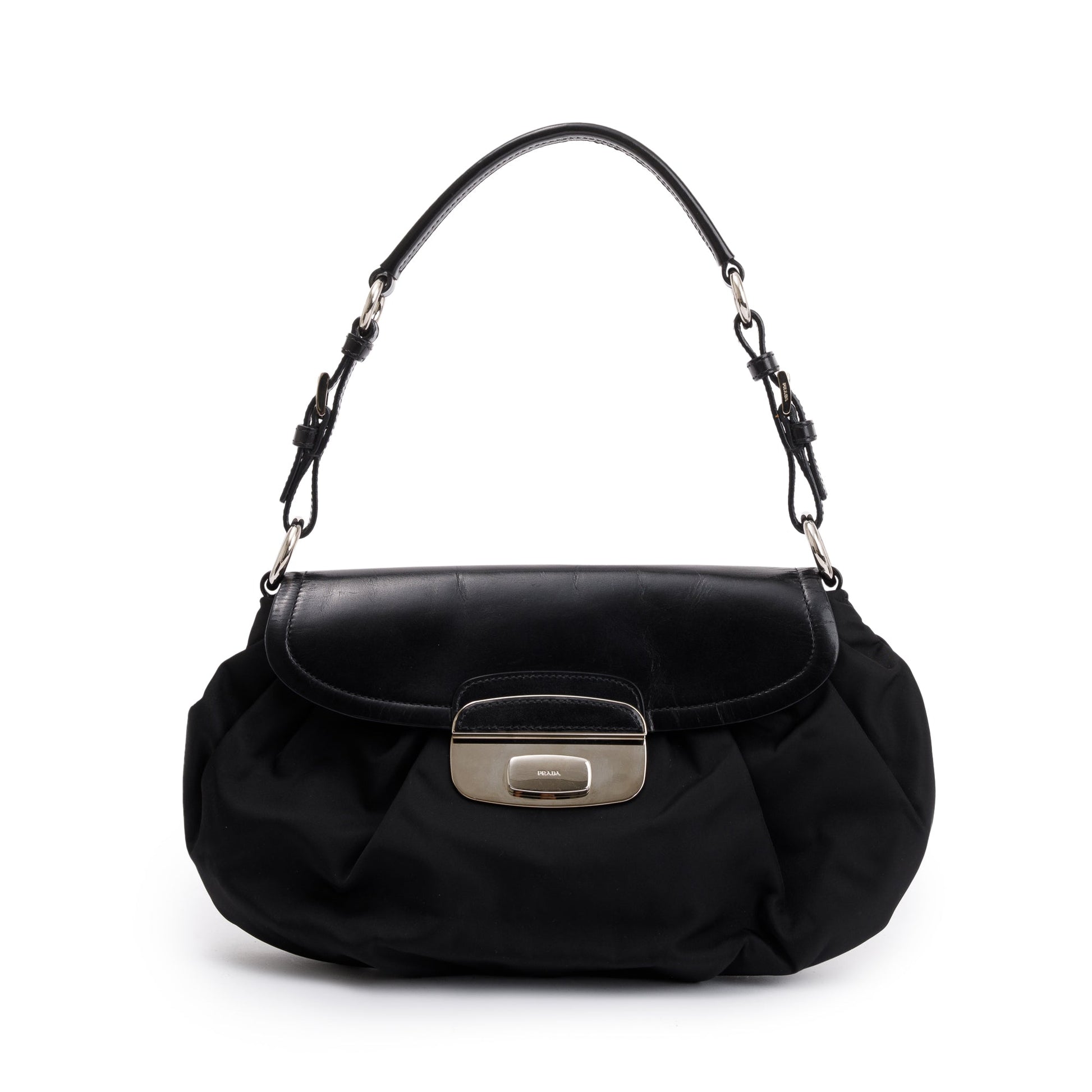 Prada Trimmed Tessuto Pushlock Flap Hobo Bag Leather Nylon Travel Bag