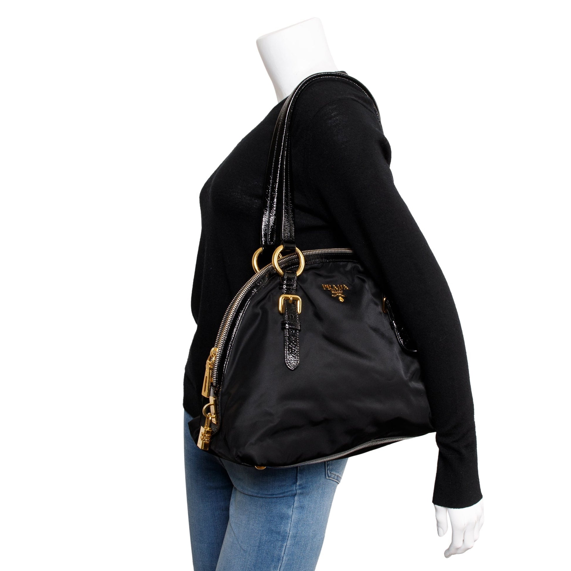 Prada Patent Trimmed Tessuto Dome Tote Handbag Leather Nylon Tote Bag